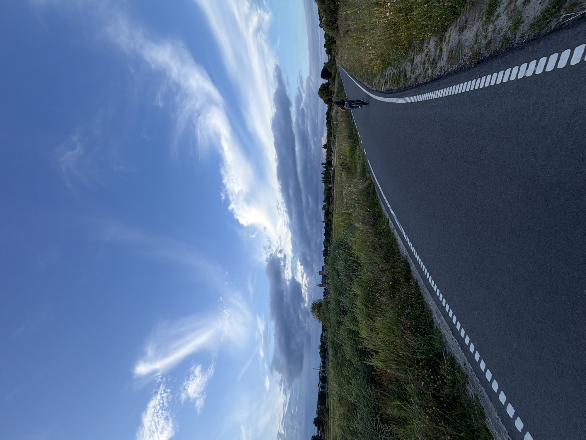A cyclist rides on a paved path alongside a grassy field under a blue sky with wispy white clouds. In the distance, buildings and trees are visible. The path is marked with dashed white lines on both edges. The cyclist is facing away from the camera and appears to be a single person. The overall scene suggests an outdoor recreational area. The specific location in 's-Hertogenbosch, Netherlands, cannot be determined from the image alone.