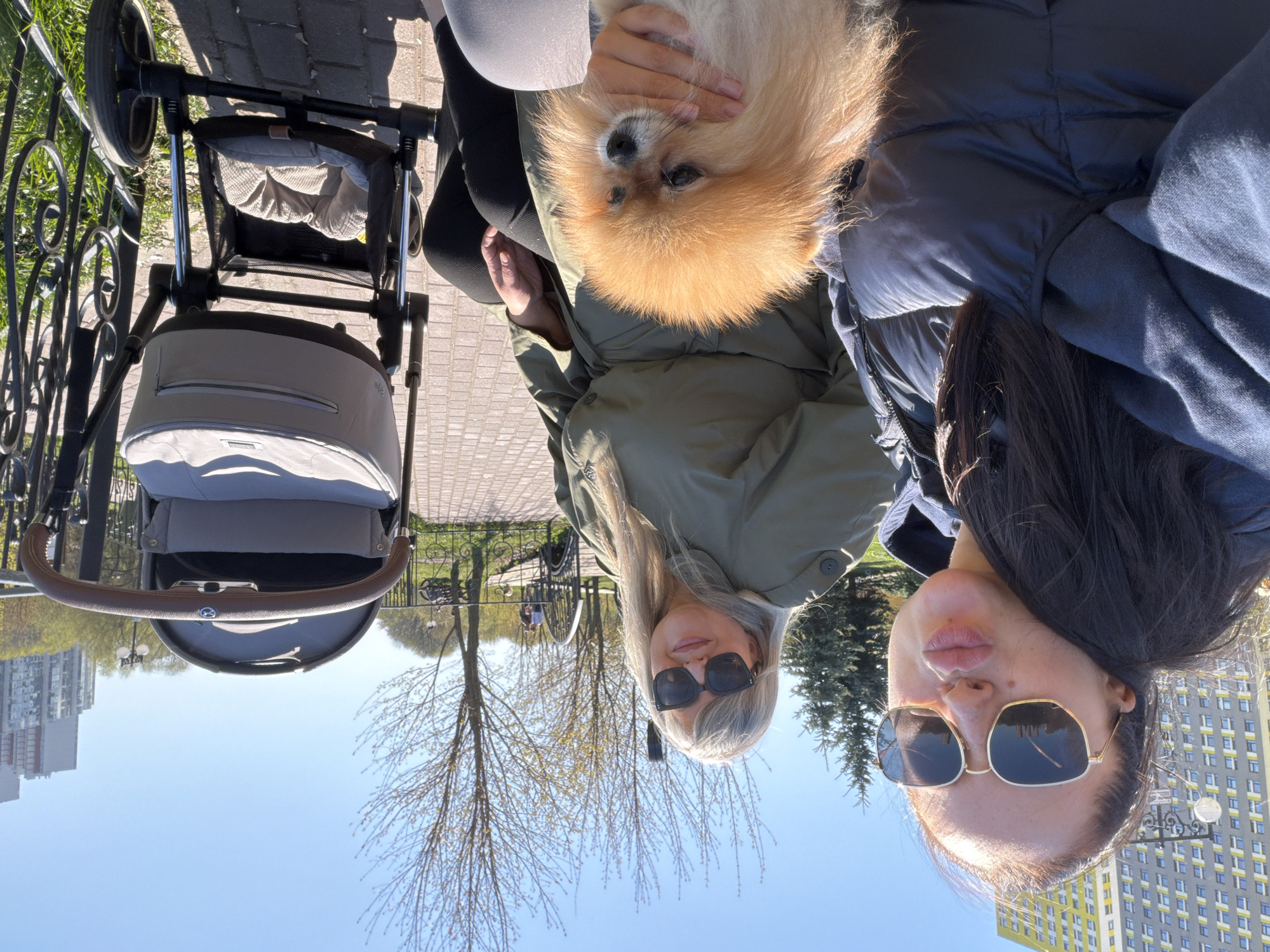 The image shows two women and a dog outdoors on a sunny day, likely in Khimki, Russia based on the cityscape in the background. One woman with dark hair is wearing a blue jacket and sunglasses. The other woman has blonde hair, is wearing an olive green jacket, and also has sunglasses. She is holding a small, fluffy, orange-colored dog. Next to them is a baby stroller. They are located near a metal fence, and there are trees and buildings visible in the background. The image appears to be taken from a slightly low angle.