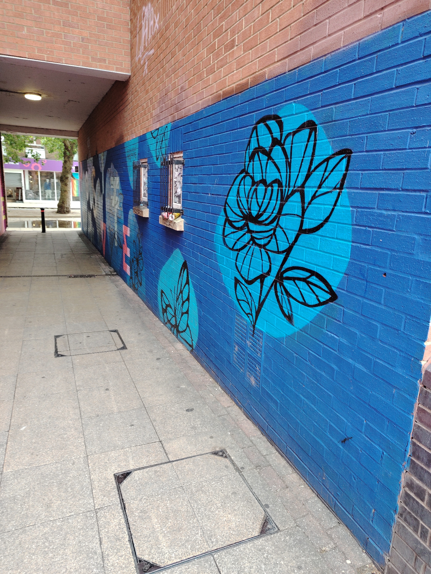 The image depicts a paved pedestrian underpass or alleyway in Peterborough, United Kingdom, viewed from within, looking towards an open area. The passage is bordered on the left by a light-colored soffit with a single recessed light fixture, leading to an outdoor scene with a tree, a black bollard, and commercial buildings with shopfronts, one featuring purple elements. A large puddle is visible on the ground beyond the passage, reflecting colors from the background.
The right wall of the passage is composed of two distinct sections: an upper section of exposed reddish-brown brickwork, partially illuminated by sunlight, featuring white graffiti that appears to read "BRI MAX". Below this is a lower section of the wall painted a vibrant blue. This blue section is adorned with various murals:
- A prominent black outline of a multi-petaled flower or rose, set within a lighter blue circular background.
- Further down the wall, a partial black outline of a butterfly's wing, also within a lighter blue circular background.
- Two small, rectangular windows with black metal grilles are set into the blue wall. Below each window, a small ledge holds potted plants or decorative items.
- Faint, partial lettering in pink or red, possibly spelling "LOVE", is visible further along the blue wall towards the background.
- A square metal ventilation grate is located near the bottom of the blue wall.
The ground surface consists of grey square paving slabs. Several square metal access covers are embedded in the paving slabs at regular intervals along the passage. Sunlight casts shadows on the upper brick wall and illuminates portions of the blue wall. No people are visible in the scene.