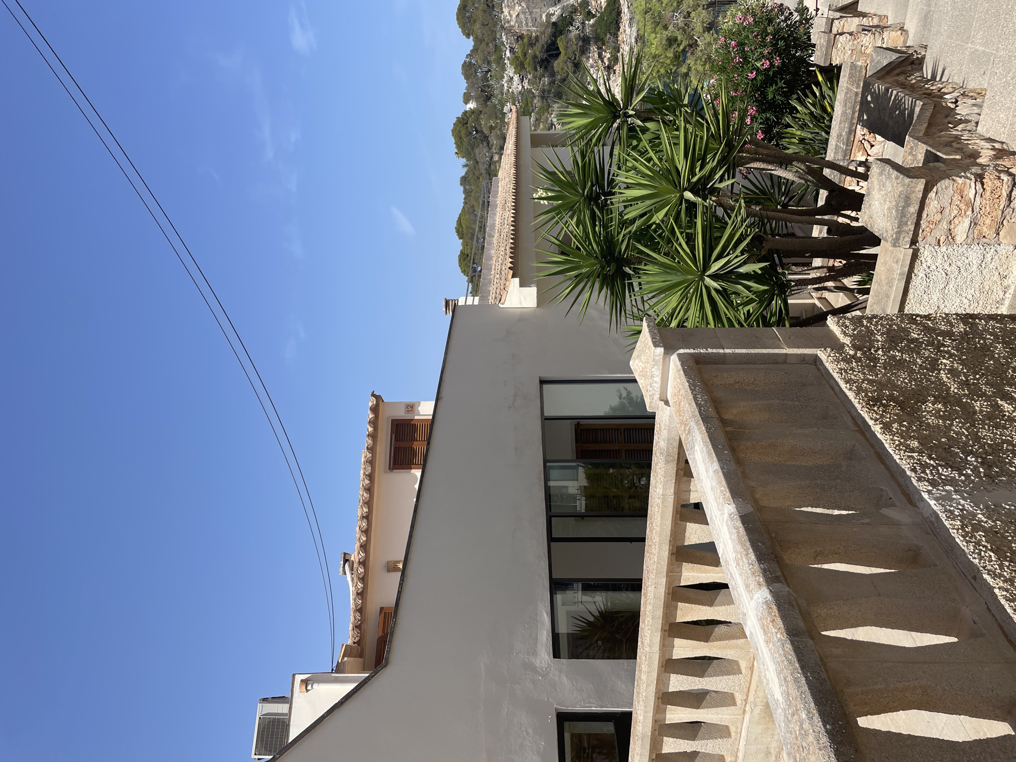 The image depicts a section of a building with a tiled roof and large windows, situated on a hillside overlooking a bay in Cala Figuera, Spain. A stone balustrade runs along the foreground, casting shadows on the textured stone wall beside it. In front of the building, several Yucca plants stand tall amidst other greenery, including a bush with pink flowers. The background reveals a rugged, tree-covered cliff face sloping down towards the sea, under a clear blue sky. Power lines are visible in the upper portion of the frame.