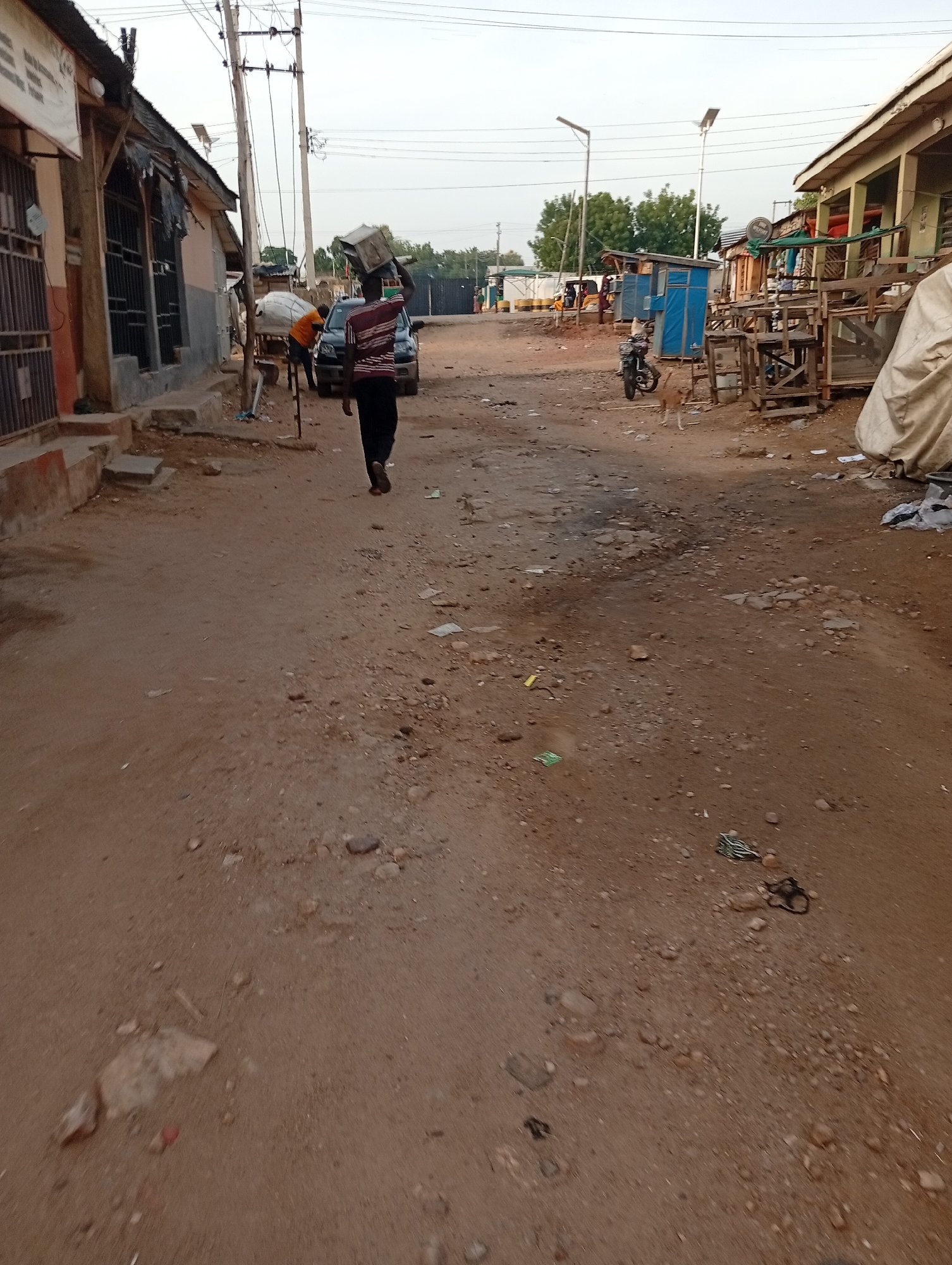The image captures a wide-angle view of a bustling dirt road in Adankolo, Nigeria, likely during the early morning or late afternoon due to the soft, diffused light. The unpaved road, littered with small rocks, debris, and dry leaves, stretches into the distance.
In the foreground, a person, seen from behind, walks away from the camera, balancing a large, light-colored rectangular object (possibly a container or box) on their head. They are wearing a striped red and white shirt with dark trousers.
On the left side of the road, a row of single-story buildings with modest facades, some featuring barred windows and doors, lines the street. One building has a white banner or sign, but any text on it is illegible. Further down this side, a dark-colored car is parked.
On the right side of the road, more structures are visible, including blue-painted stalls or small kiosks and various wooden frames, possibly for market stands or construction. A brown dog stands near a parked motorcycle further down the road. Several modern streetlights with what appear to be solar panels are positioned along the street. In the background, green trees are visible against a light, overcast sky. The overall scene suggests a vibrant, semi-urban community with a mix of residential and commercial activity. No distinct text is clearly legible in the image.