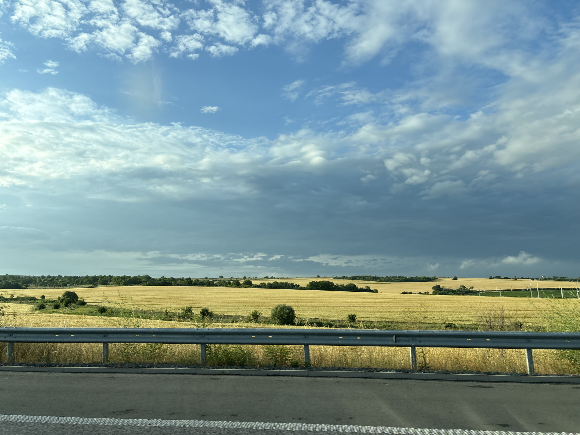The image depicts a wide agricultural landscape under a partly cloudy sky. In the foreground, a metal guardrail runs horizontally across the frame, separating a paved road from the fields beyond. The road surface is visible at the bottom of the image, with white lines marking its edge. Behind the guardrail, a vast field of golden crops, likely wheat or barley, stretches towards a line of trees and rolling hills in the distance. The sky is a mix of bright blue and darker, textured clouds, suggesting a dynamic weather system. There are no people or visible structures in the immediate vicinity of the field, creating a sense of natural expanse. The scene is consistent with the agricultural surroundings of Chirpan, Bulgaria, characterized by extensive farmlands and open skies.