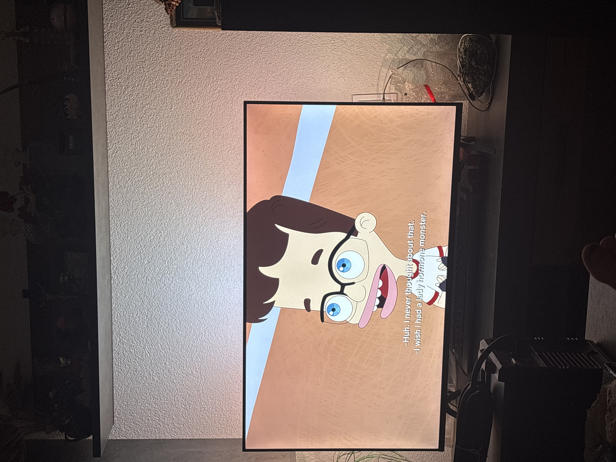 The image shows a television displaying an animated character, presumably from the show "Big Mouth". The character is a male with brown hair, glasses, and a large mouth. Subtitles on the screen read, "Huh. I never thought about that. I wish I had a lady hormone monster." The television is set against a wall with textured plaster. To the left of the television is a dark shelf with items on it, and to the right is a dark area with what appears to be a keyboard or some electronic equipment. There is no indication of the city of Kuklen, Bulgaria, in the image.