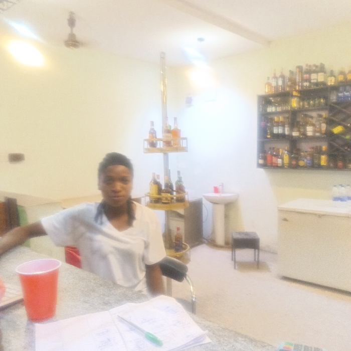 A woman in a white shirt sits behind a bar. A red plastic cup sits beside her on the counter, as well as a pen and papers. In the background, a multi-tiered bar stand displays liquor bottles. A wall-mounted shelf unit holding numerous bottles sits against the far wall. A sink and a small stool are located next to the bar stand. A white appliance, possibly a refrigerator, is in the right corner. The room is lit by overhead lighting.