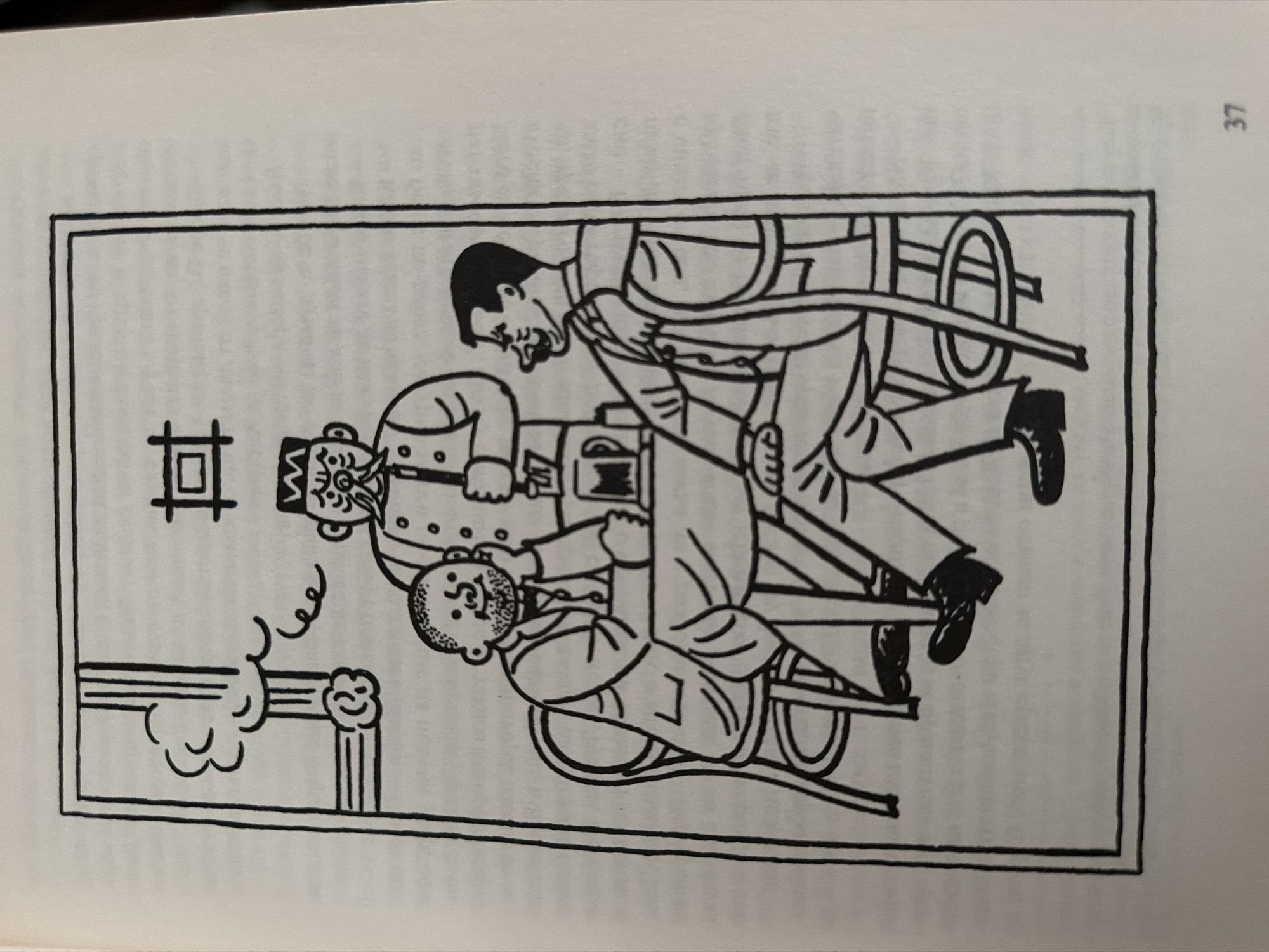 The image depicts three men in a room, likely a pub or bar, as indicated by the presence of a table with drinks and chairs. One man, who appears to be a waiter or bartender, stands behind the table, wearing a distinctive cap and uniform, and holding a pipe. Two other men are seated at the table. One man is on the left, leaning forward with his arm resting on the table, and the other is on the right, leaning back in his chair with his arm resting on the backrest. The drawing is in a simple, illustrative style, likely from a book or magazine, as suggested by the page number "37" in the bottom right corner. The environment appears to be indoors, with a border drawn around the scene, suggesting it's a contained illustration. There is no information within the image that connects it to Pazardzhik, Bulgaria.