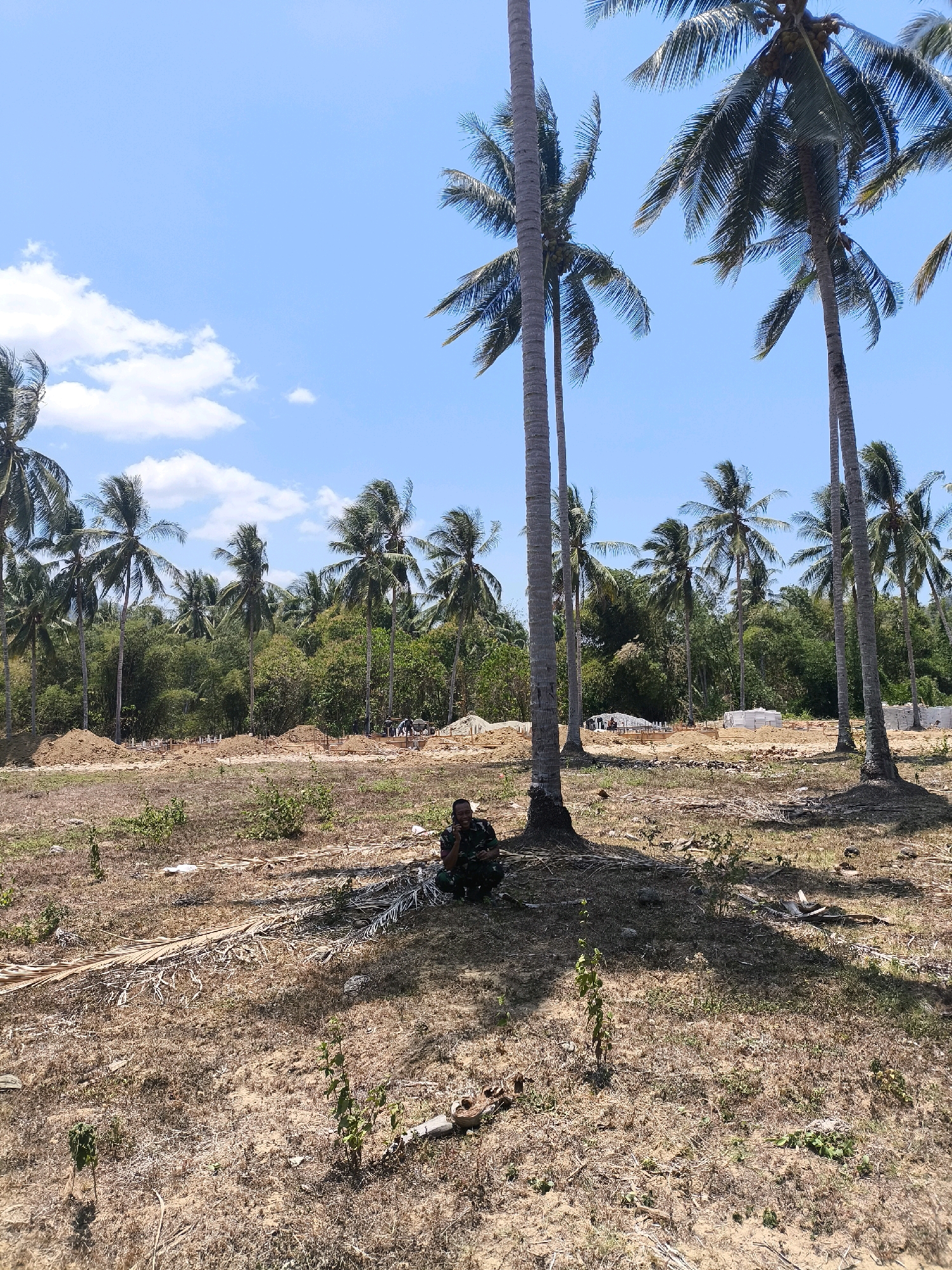 In Modelomo, Indonesia, a person wearing camouflage attire squats on dry, brown earth in the foreground, partially shaded by a tall palm tree. The ground is littered with dry leaves and sparse green vegetation. In the midground, a construction site is visible with piles of dirt, concrete forms, stacks of white materials, and several workers. A dense forest of various green trees and bamboo lines the background. The sky above is a clear blue with scattered white clouds, and numerous tall palm trees with coconuts are scattered throughout the scene.