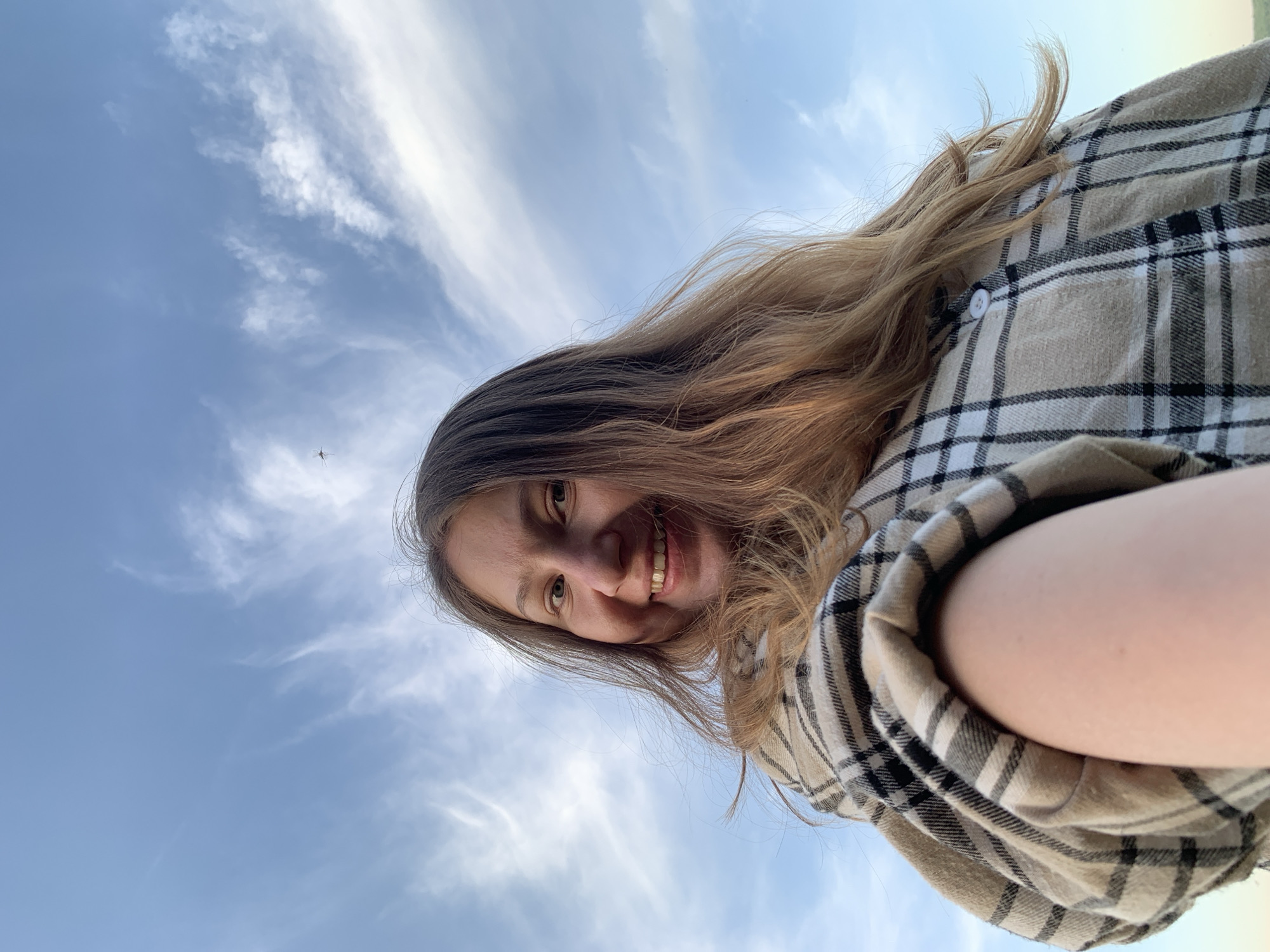 A low-angle, upward-facing shot captures a woman with long, light brown hair wearing a plaid shirt against a backdrop of a partly cloudy, blue sky. A small insect is visible near the upper left portion of the frame. The location appears to be outdoors in daylight. No information is available to link it to the city of Chaikovsky, Russia.