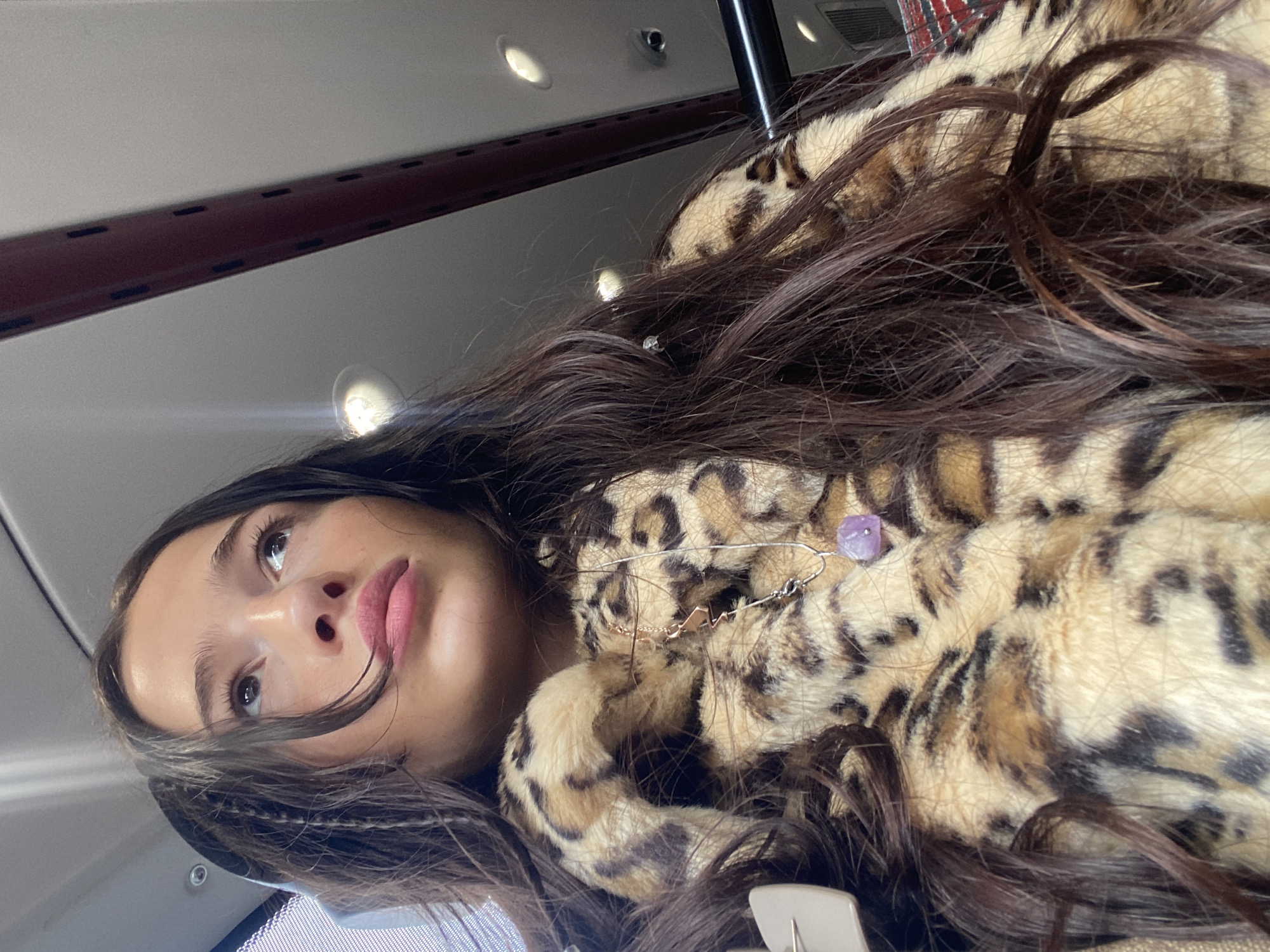 A young woman is captured in a close-up, angled portrait, looking upwards and to her left with a calm expression. She has long, dark brown hair that frames her face and flows over her shoulders, resting on a plush, light-colored faux fur garment with a distinctive black and brown leopard print pattern. Her features include dark eyes, soft natural-looking makeup, and pink-toned lips that are slightly parted.
She wears a delicate necklace featuring a small, irregular-shaped purple crystal and a tiny, metallic charm that appears to be a lightning bolt, possibly in gold tone. Some thin braids are visible within her hair near her face.
The background suggests an indoor setting, likely the cabin of a mode of transport such as an airplane or luxury train. A light-colored ceiling with multiple recessed circular lights illuminates the scene. A dark red-brown panel with small black slots runs horizontally across the upper part of the frame, resembling an overhead compartment or interior trim. A dark vertical pole is also visible. The lighting is bright and artificial, indicating an indoor environment. No text is visible in the image.