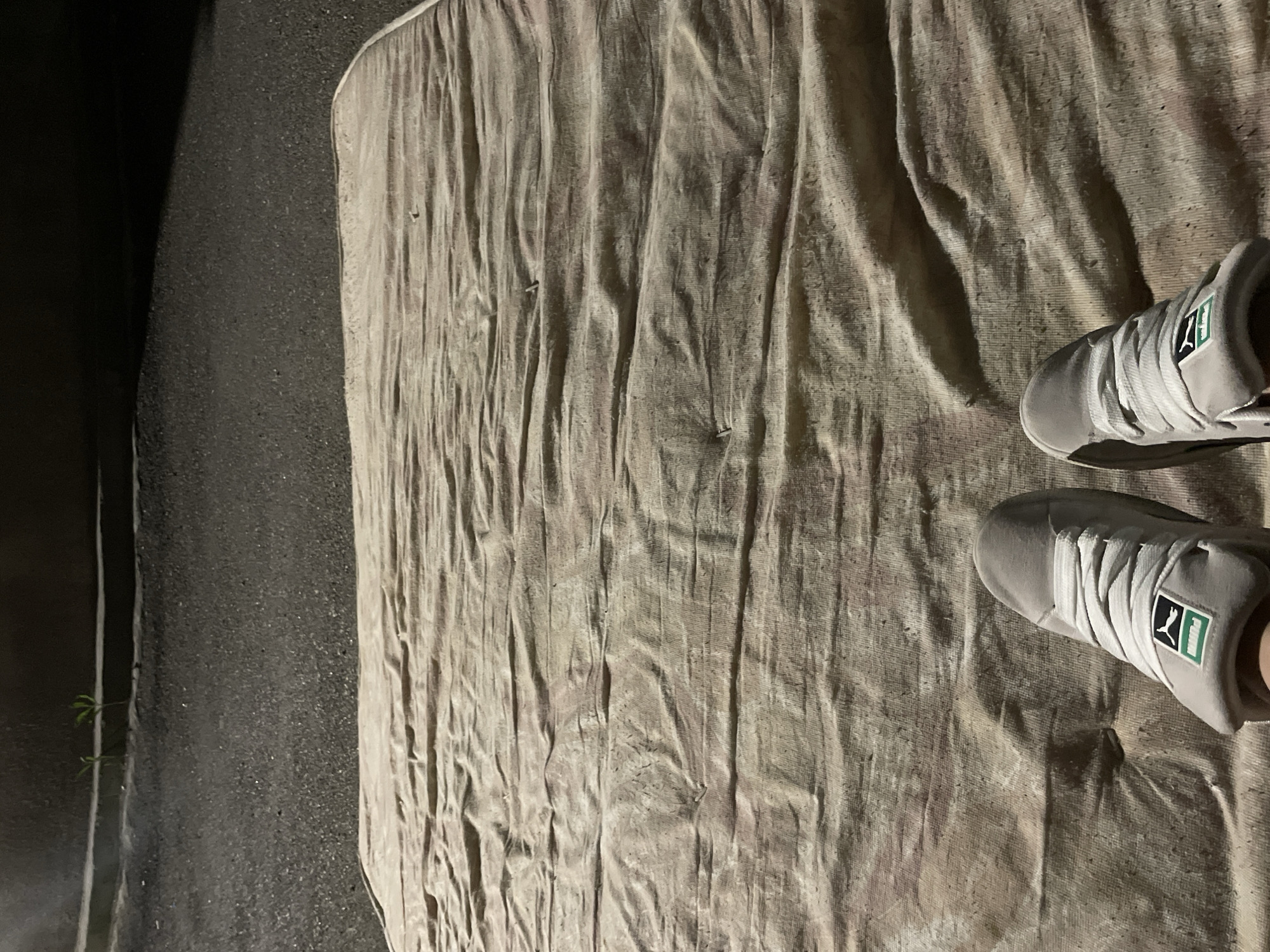 The image depicts a discarded mattress lying on an urban street, likely in Yerevan, Armenia. Part of a gray concrete sidewalk is visible on the left. Two feet wearing gray Puma shoes are positioned on the mattress towards the right side of the image. The mattress itself is beige and appears to be dirty and worn. A small sprig of vegetation is growing out of a crack between the sidewalk and the mattress.