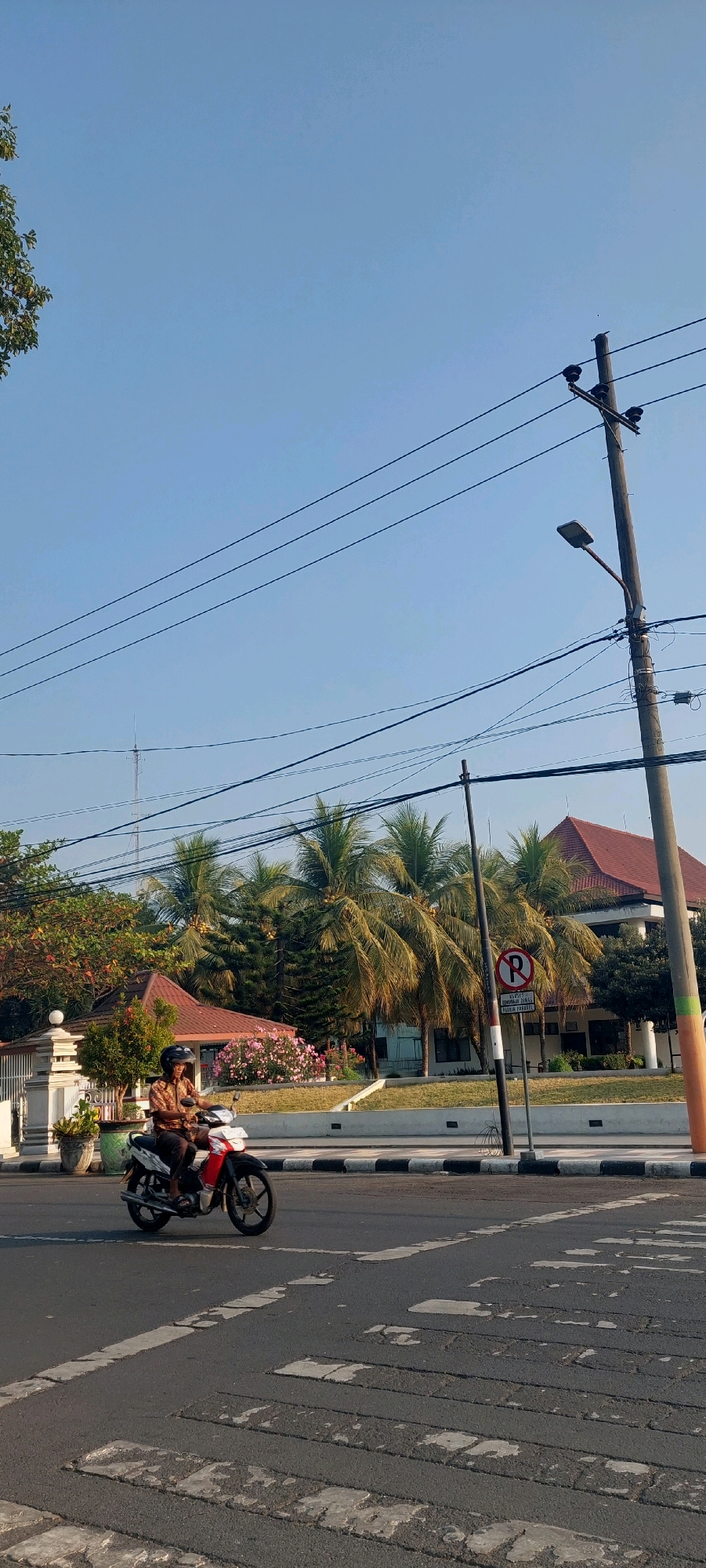 In Lumajang, Indonesia, a motorbike carrying two individuals travels along a paved road with a visible pedestrian crossing. The motorbike is red and white, and the riders are wearing casual clothing and helmets. The environment features a clear blue sky, overhead power lines, and a lamppost. On the side of the road, there is a traffic sign indicating "No Parking." Behind the road, a building with a reddish-brown roof is visible, surrounded by lush green trees and some flowering bushes. A white decorative fence and planters are also present. The overall scene depicts a sunny day in a semi-urban or suburban area.