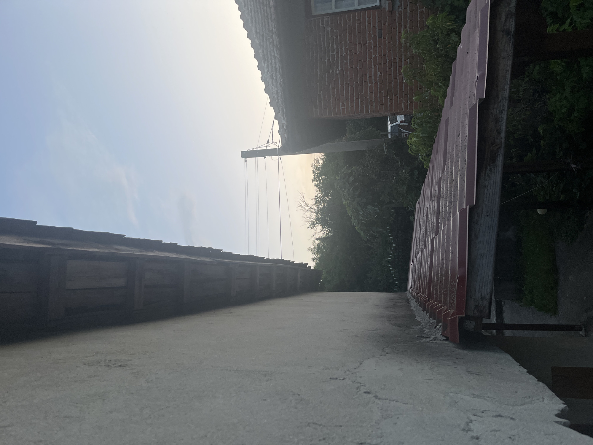 The image depicts an exterior architectural and landscape scene in Varshilo, Bulgaria, during either sunrise or sunset, characterized by soft, warm ambient light. The perspective is taken from a low angle, looking upwards and along the side of a building.
In the immediate left foreground, a rough-textured, light grey wall, possibly stucco or concrete, extends vertically from the bottom of the frame upwards. The wall shows areas of darker staining and discoloration, particularly towards its lower section. Above this wall, the underside of a main roof's eaves is visible, revealing exposed dark wooden planks and beams.
Below the main wall and extending from approximately the mid-left to the mid-right of the lower frame, a reddish-brown corrugated metal roof is visible. This roof is angled downwards and away from the wall, supported by visible wooden beams and at least one dark vertical metal post. The surface of the corrugated roof appears somewhat dull or potentially damp. Dark green, dense vegetation is visible beneath and beyond this roof structure.
In the midground, towards the right side of the image, a dark utility pole stands vertically, supporting multiple overhead electrical or communication wires that traverse horizontally across the frame. Behind the utility pole and further to the right, a portion of another building is visible, constructed with red brick walls and featuring a reddish-brown tiled roof. A white window frame is partially visible on this brick building.
Dense green trees and bushes fill the space between the structures and extend into the background. Partially obscured by this vegetation, behind the utility pole and next to the brick building, a white vehicle (possibly an SUV or van) is faintly discernible. A dark fence with decorative finials is visible through the foliage in the deeper background, positioned beneath the main wall.
The sky occupies the upper right portion of the image, transitioning from a light blue at the top to a warm, soft yellow-orange hue towards the horizon, indicative of low-angle sunlight. No individuals are present in the scene.