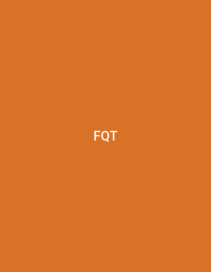 The image displays a solid, uniform orange background. Two distinct instances of the white capital letters "FQT" are centrally visible. The first instance is positioned in the upper-central portion of the frame. A second, larger instance of "FQT" is located near the vertical center of the frame. The visual content consists solely of this white text on an abstract orange field. This textual representation, "FQT," is associated with a location or entity in the city of Casablanca, Morocco.