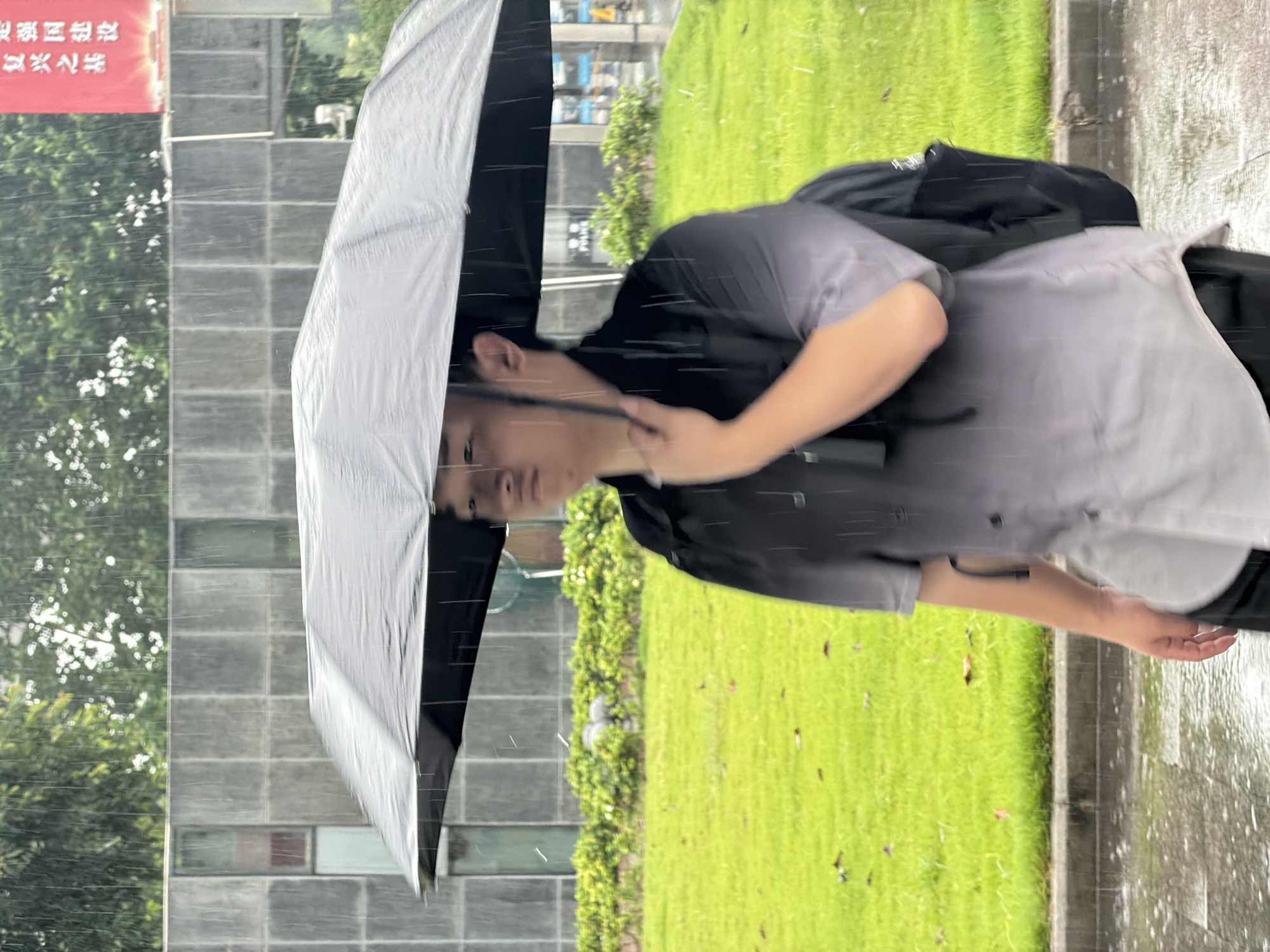 An East Asian male, appearing to be in his twenties or thirties with a medium build, walks from left to right through an urban environment in Jiangjin, China, during a rainfall. He holds a black umbrella overhead with his right hand, shielding himself from the visible streaks of falling rain. He wears a short-sleeved button-up shirt that transitions from dark gray at the shoulders to light gray at the hem, paired with dark trousers or shorts. A black backpack is carried on his left shoulder.
The ground in the foreground is a wet, dark paved surface, possibly asphalt or concrete, with visible puddles and reflections. Adjacent to this pathway is a strip of vibrant green grass with scattered brown leaves, followed by a dense row of green bushes. In the background, lush green trees are visible above a modern building with a light gray, grid-patterned facade composed of rectangular panels. Some panels appear to be windows, showing faint internal reflections or light. To the right of the building, a prominent red billboard features white Chinese characters, which translate to "Foundation of Revival" and "Building a Strong Nation." Further in the background, to the right, a faint sign displaying the word "POLICE" is discernible. The overall scene depicts a rainy day in a bustling urban setting.