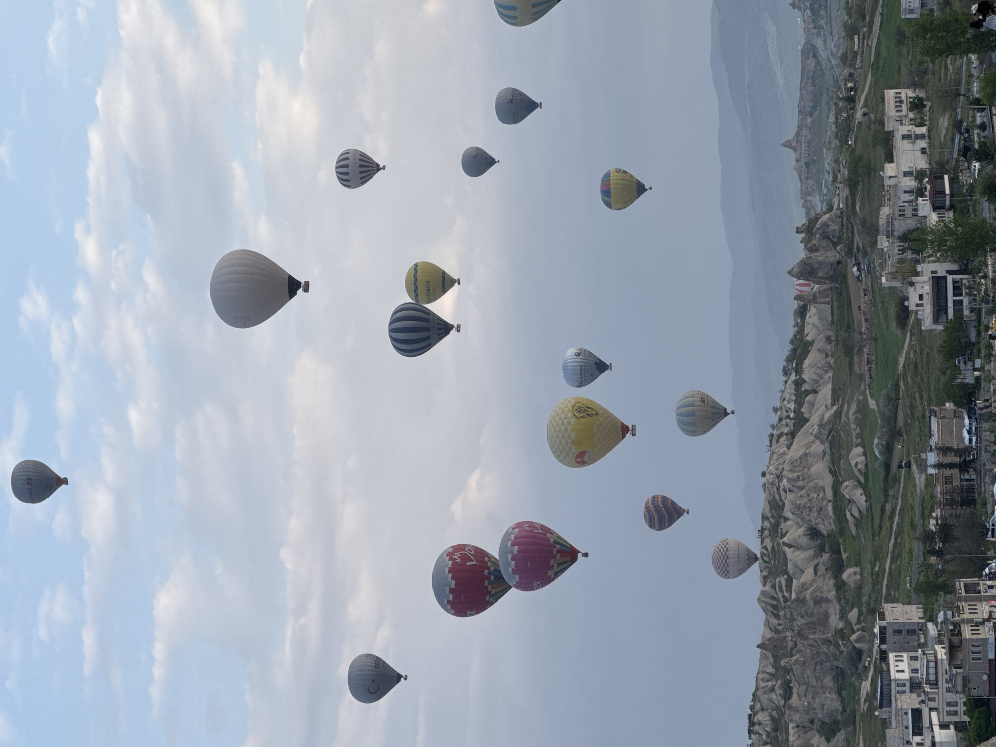 The image shows a multitude of hot air balloons floating in the sky above Göreme, Turkey. The balloons are of various colors and patterns, and some appear to be clustered together. In the background, there are buildings and rock formations typical of the Cappadocia region. The sky is overcast with a mix of clouds, suggesting a slightly hazy atmosphere.