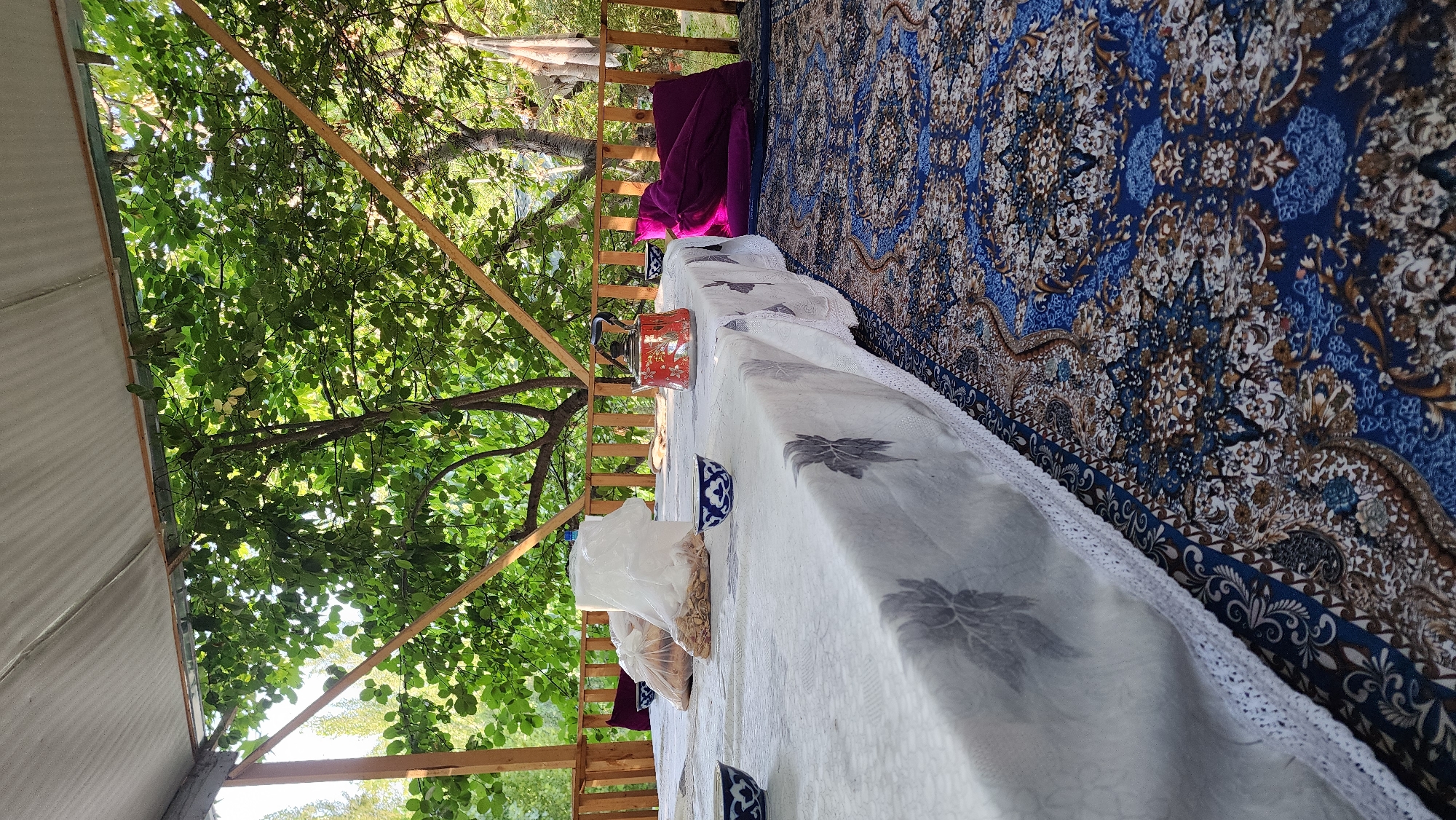 An outdoor seating area, likely a gazebo or covered patio, is set up for a meal or gathering. A white tablecloth with a grey floral pattern is spread over a table. On the table are two bags of nuts, several blue and white patterned bowls, and a red and gold patterned teapot. To the right of the table, on the floor, are two large purple cushions. The seating area is situated in a lush, green environment with trees and foliage visible in the background. A wooden railing encloses the area. The floor is covered by a blue and white patterned carpet. The lighting suggests it is daytime, likely late afternoon, with sunlight filtering through the leaves.