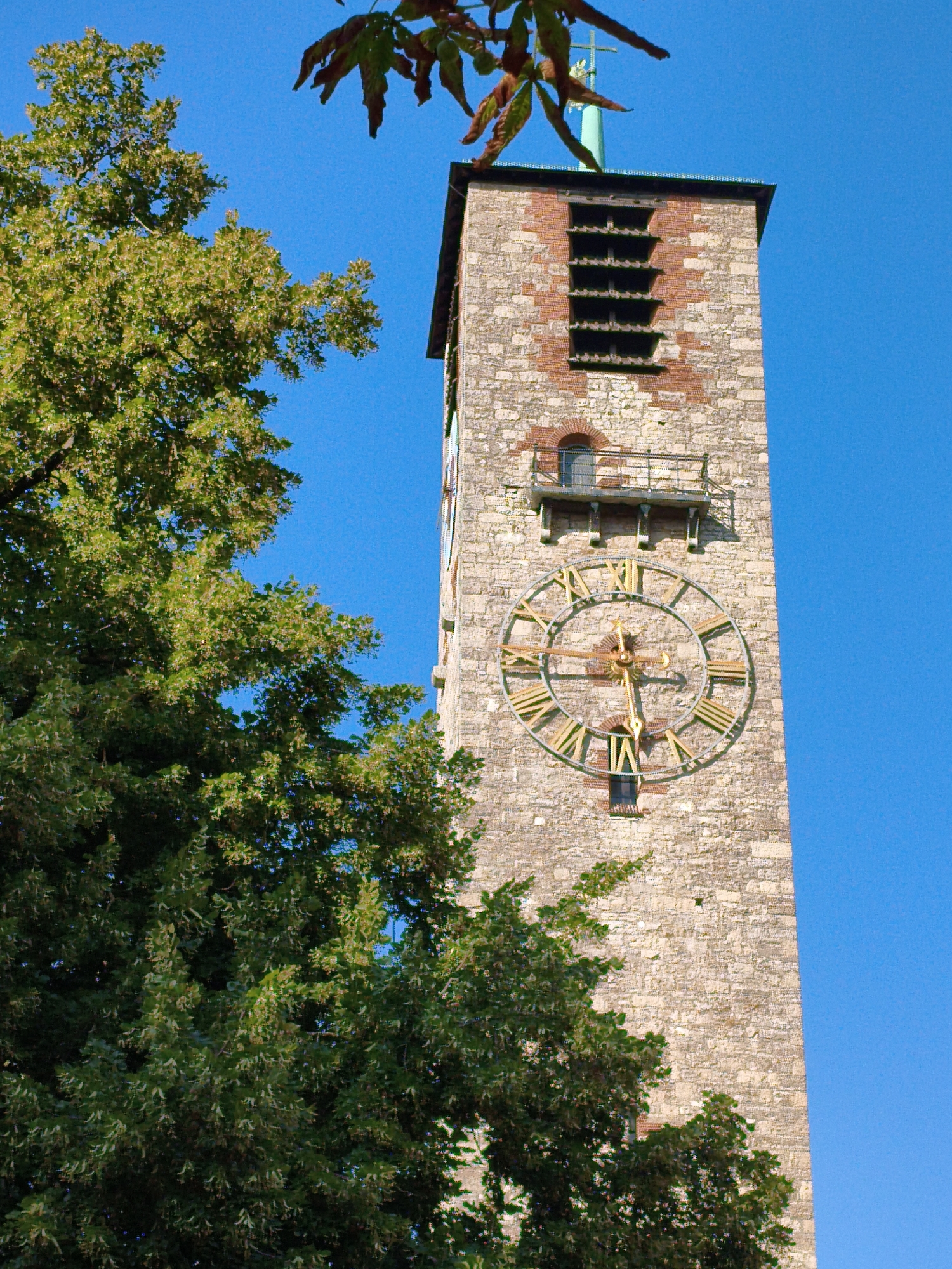 The image shows the clock tower of St. Martin's Church in Bamberg, Germany, on a clear blue sky day. The tower is constructed of stone and has a large, gold-colored clock face with Roman numerals. A green spire topped with a cross rises from the top of the tower. Lush green trees with brown leaves in the foreground partially obscure the tower. The clock face shows the time to be approximately 1:45.