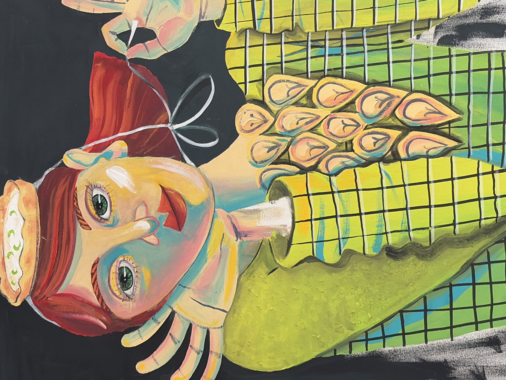 A painting depicts a whimsical character composed of various elements. The face is human-like with green eyes and red hair tied with a white ribbon, but the nose is elongated and angular. A small, round object resembling a snack or pastry is affixed to the head near the hair. The body is made of an ear of corn with kernels painted with intricate details. The corn is encased in a green husk with a yellow grid pattern. The hands are slender and painted in pale yellows and blues. The background is a stark black, with some gray shading at the bottom. The painting does not appear to depict a specific location and is not directly related to Izhevsk, Russia.