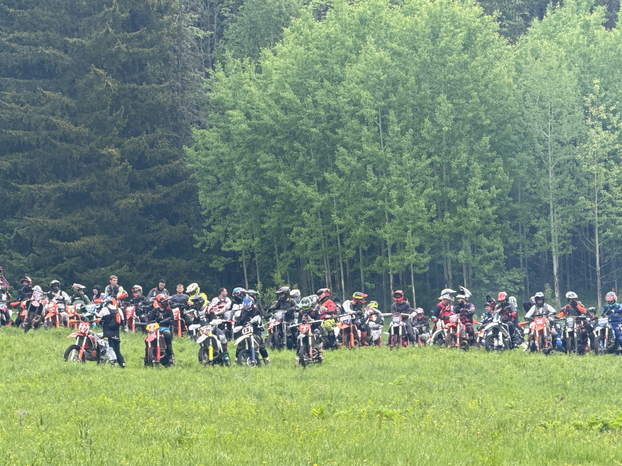 A large group of people are gathered in a grassy field with their dirt bikes, facing forward towards the viewer. The people are wearing helmets and riding gear, suggesting they are part of a motocross event or race. Behind them, there is a line of trees, with dark green trees on the left and lighter green trees on the right. The location is near the city of Chornaya, Russia, based on the surrounding environment and available information about motocross events in the area.