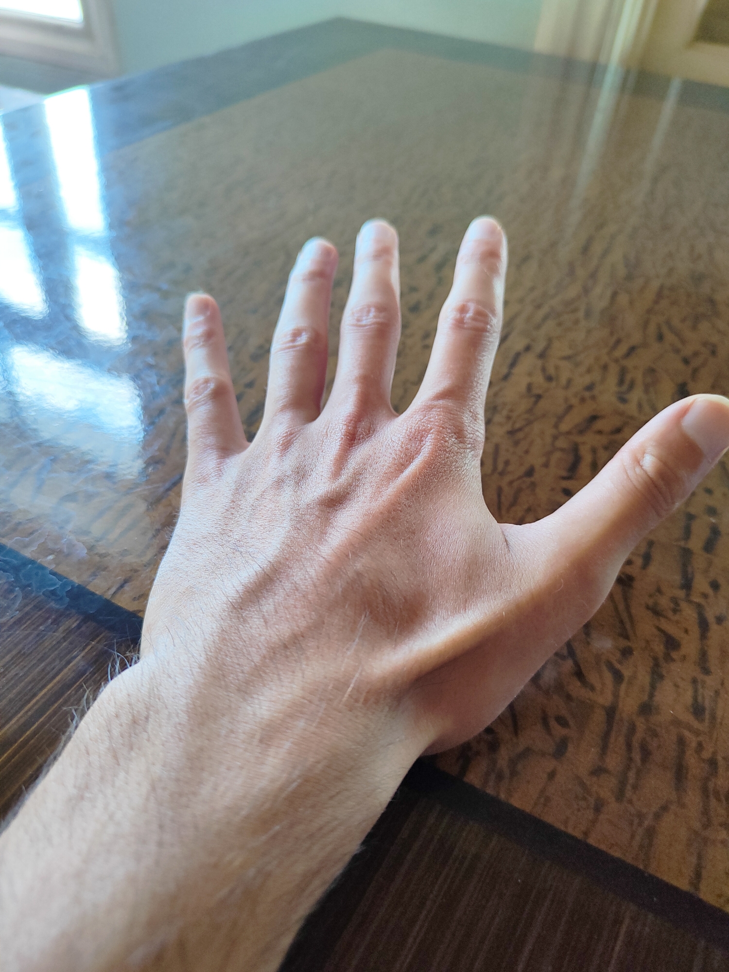 A human hand is shown, palm facing upwards, resting on a reflective, dark wood surface. The hand is open, with fingers spread, and veins are visible on the back of the hand. The surface appears to be a table, with light reflecting off its polished finish, suggesting it is indoors. The background is out of focus, but appears to be a room with a window. No other individuals or objects are clearly discernible. The location is unknown.