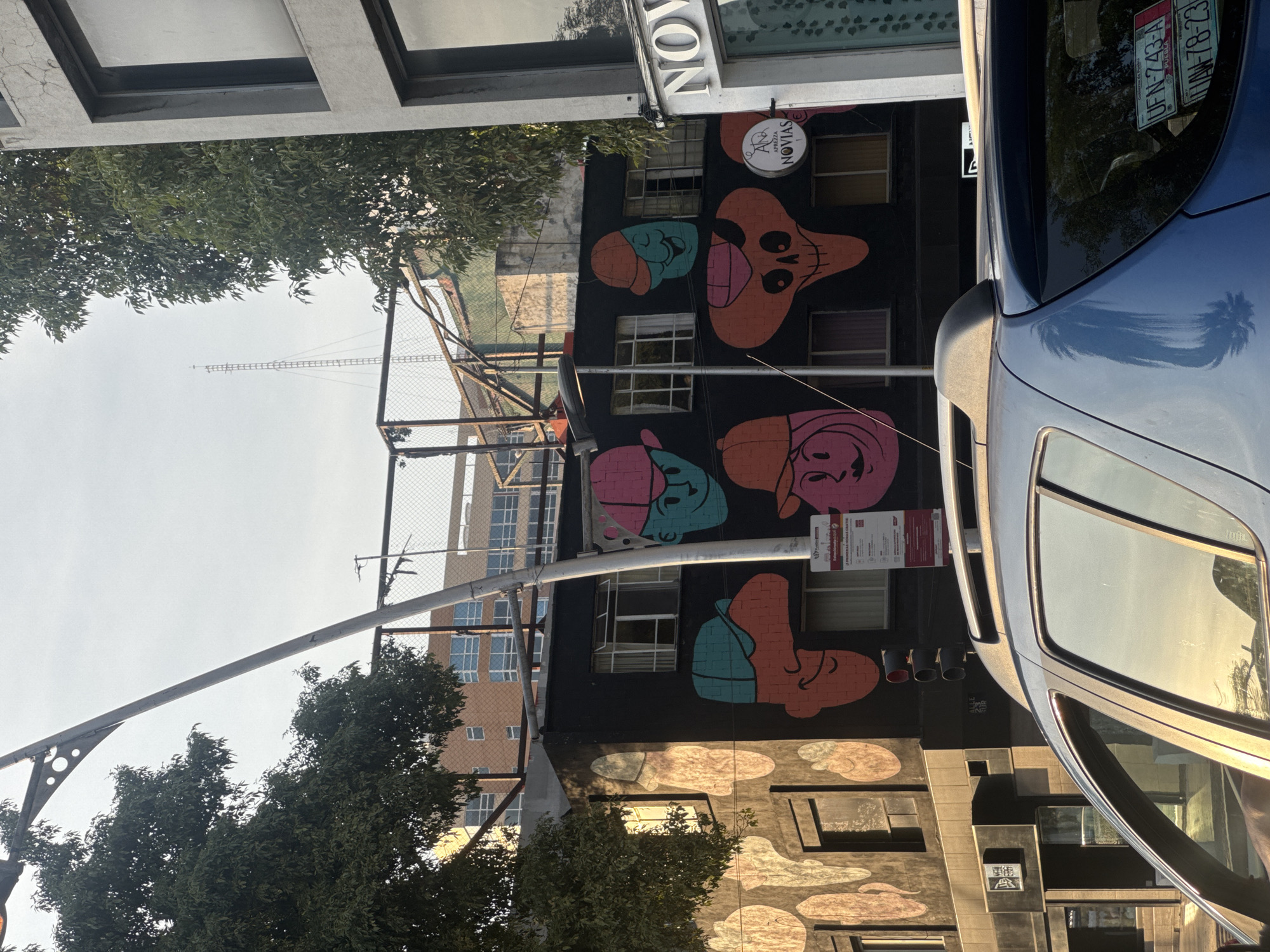 The image captures a street scene in Puebla, Mexico. A portion of a blue car occupies the right side of the frame, with reflections visible in its windows. The focus is a tall building adorned with vibrant, cartoonish murals on its black facade. The murals depict stylized faces or skull-like figures in various colors, arranged vertically. A sign with "APREZZA NOVIAS" and another sign with "NOV" are visible near the top of the building. Adjacent to the mural-covered building, a chain-link fence separates it from a taller, multi-story building with numerous windows. Streetlights extend into the frame from the left side, partially obscured by trees. The license plate of the car reads "UFN-243-A", indicating it is from Puebla.