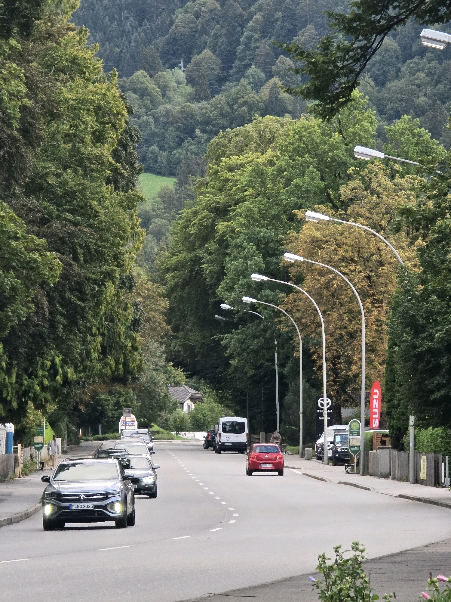 The image captures a street scene in Garmisch-Partenkirchen, Germany, likely on a late afternoon or early evening. The road, flanked by lush green trees and a dense forest backdrop on a hillside, appears to be a main thoroughfare. Several cars are visible on the asphalt road, with the closest being a dark grey Volkswagen T-Roc with its headlights illuminated, bearing the license plate M-BO 2025. Other vehicles include a red compact car, a white van, and several other cars further down the road.
Streetlights with modern, curved designs line the right side of the road. In the background, buildings are partially visible, and a bus stop sign is present. A red vertical banner with the word "SUZUKI" is also displayed prominently on the right. A person is walking on the sidewalk on the left side of the road. The overall impression is a peaceful, suburban or slightly rural setting within the town, with a focus on automotive traffic and surrounding natural elements.