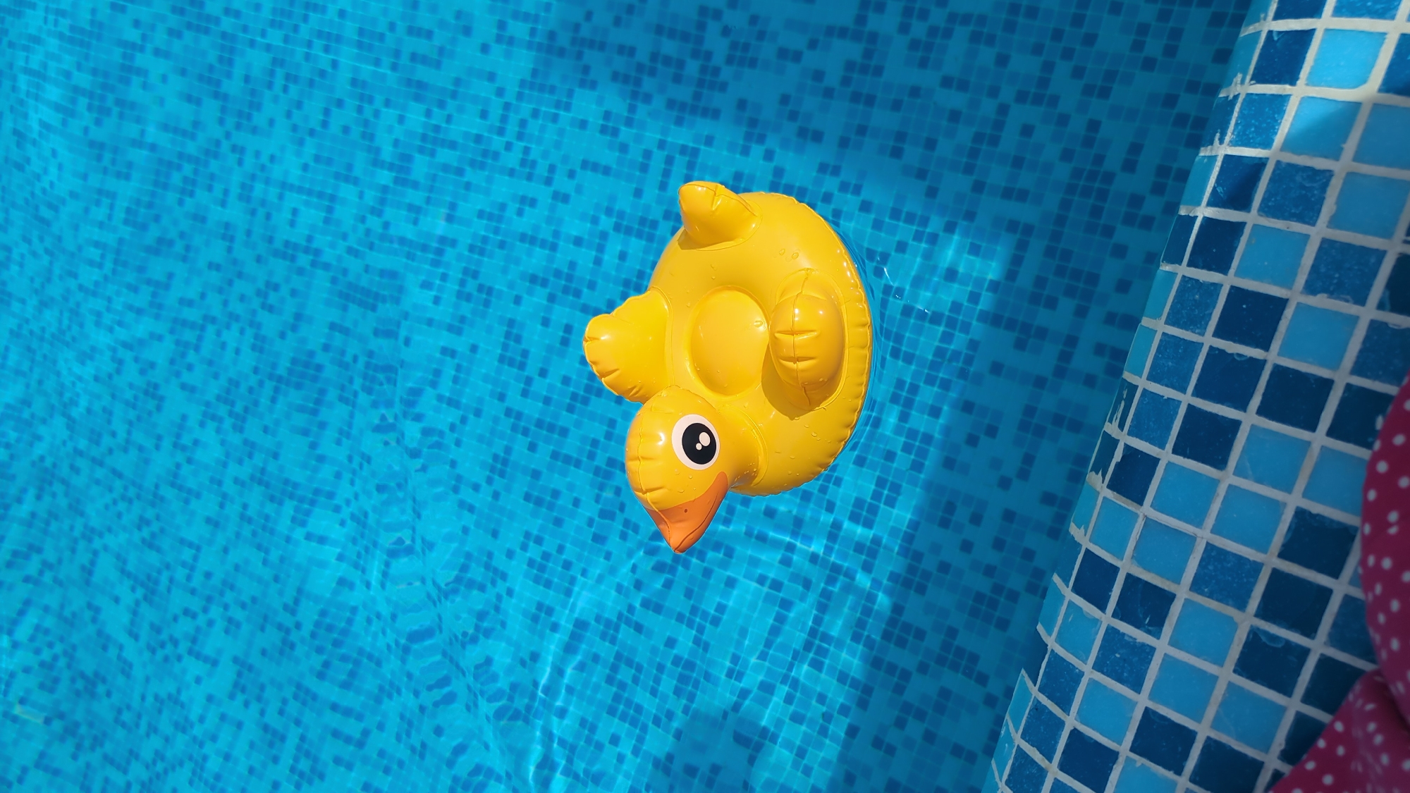A yellow inflatable duck floats in a swimming pool with a tiled edge in Vadul lui Voda, Moldova. The pool water is a vibrant blue, with sunlight glinting off the surface and illuminating the submerged blue and white tiles of the pool's edge. The duck is positioned in the center of the frame, facing left, with its eye and beak clearly visible. The water is clear, allowing the tiled bottom of the pool to be seen. The scene is one of leisure and relaxation.