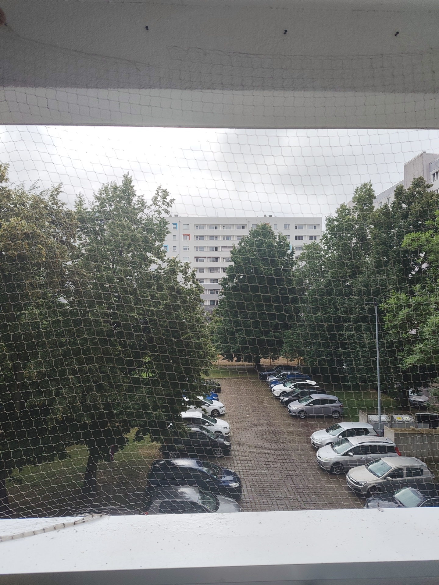 The image shows a view from a balcony or window with a protective net in the foreground. Beyond the net, a parking lot is visible with several cars parked. Trees line the parking lot, and a large apartment building is in the background. The sky is overcast. The scene appears to be in a residential area. Based on the provided information, this is a view of a parking lot and apartment building in Magdeburg, Germany.