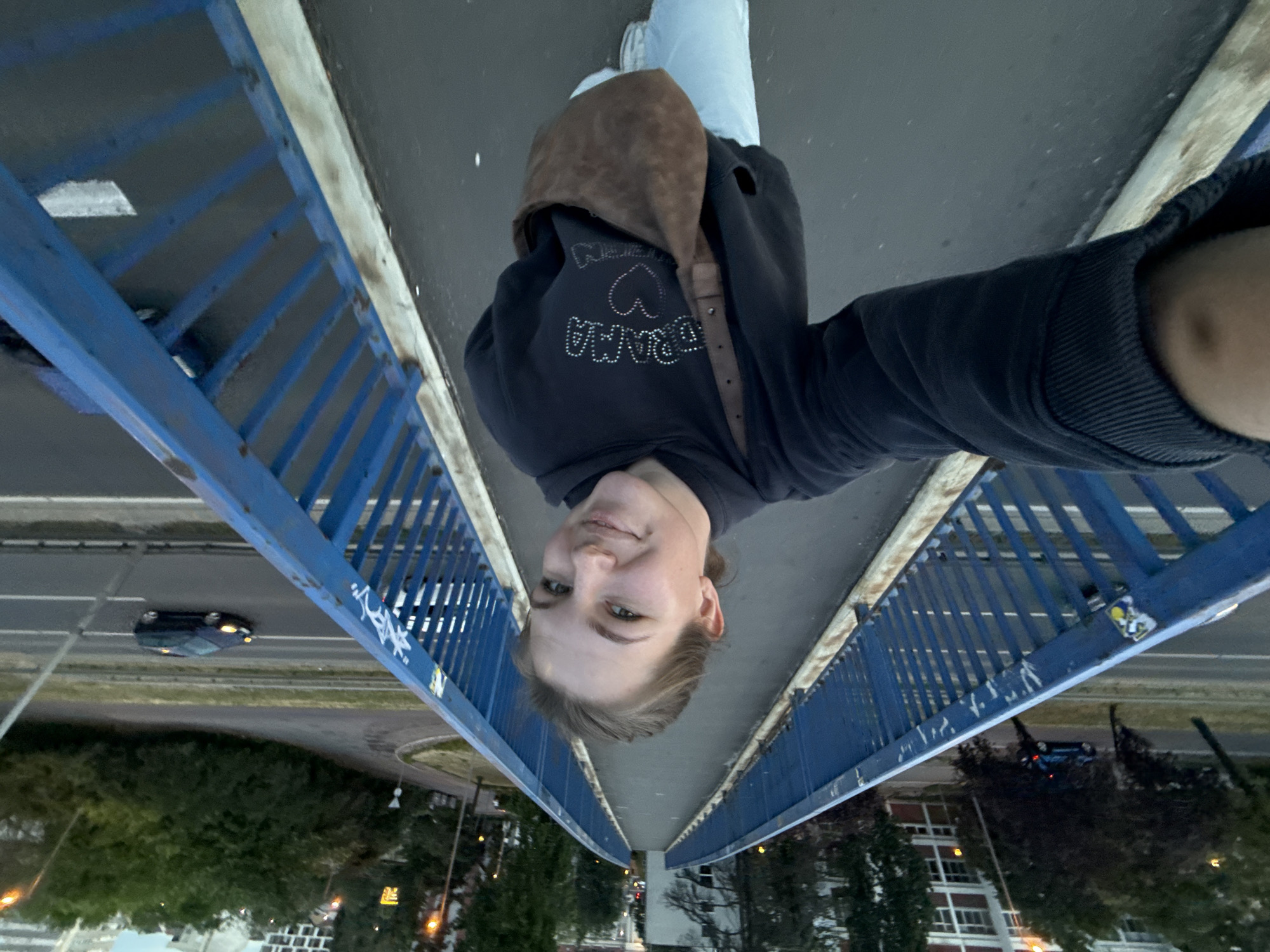 A person stands on a pedestrian overpass in Vozdovac Urban Municipality, Serbia, taking a selfie. They wear light-colored jeans and a dark hoodie with a brown hood, possibly a sweatshirt underneath. The overpass has blue railings on both sides. Below the overpass, there's a road with at least one car traveling on it and greenery and buildings on either side of the road.