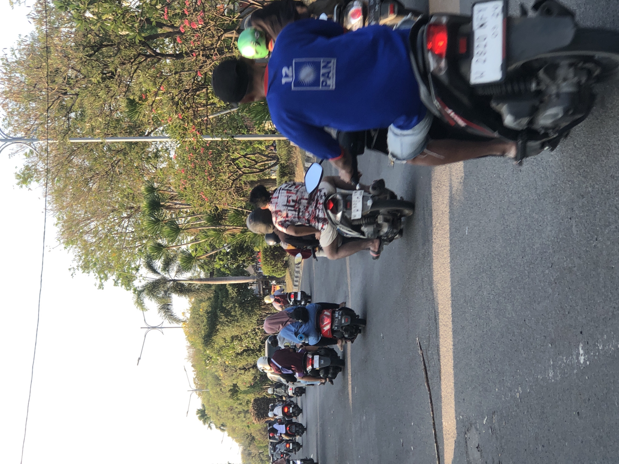 The image depicts a busy street scene in Ngaban, Indonesia, likely during the day. A procession of motorbikes fills the asphalt road, suggesting a common mode of transportation in the area. The foreground features a person on a motorbike wearing a blue t-shirt with the number "12" and the "PAN" logo visible on the back. The rider is also wearing light-colored shorts and a black cap. To the left, another motorbike is seen with two passengers, one wearing a blue hijab and the other a maroon shirt. Further down the road, numerous other motorbikes with riders and passengers are visible, many of them wearing helmets. Lush green trees and vegetation line the sides of the road, interspersed with lampposts, indicating an urban or suburban environment. The sky is bright and clear, suggesting fair weather. A fallen branch lies on the road surface, and a yellow line marks the lane. The overall impression is one of a lively street with a significant amount of motorbike traffic.