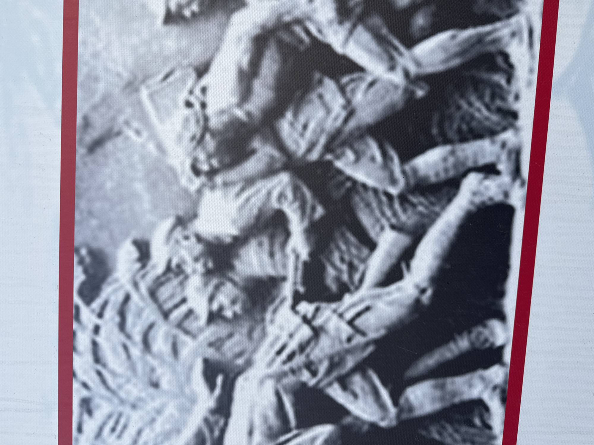 The image shows a monochrome photograph of a mass of human bodies. The photograph appears to depict the aftermath of a violent event. Arms, legs, and torsos are visible. It is surrounded by a red border. The photo's connection to Zhongtun, China is not clear from the image itself.
