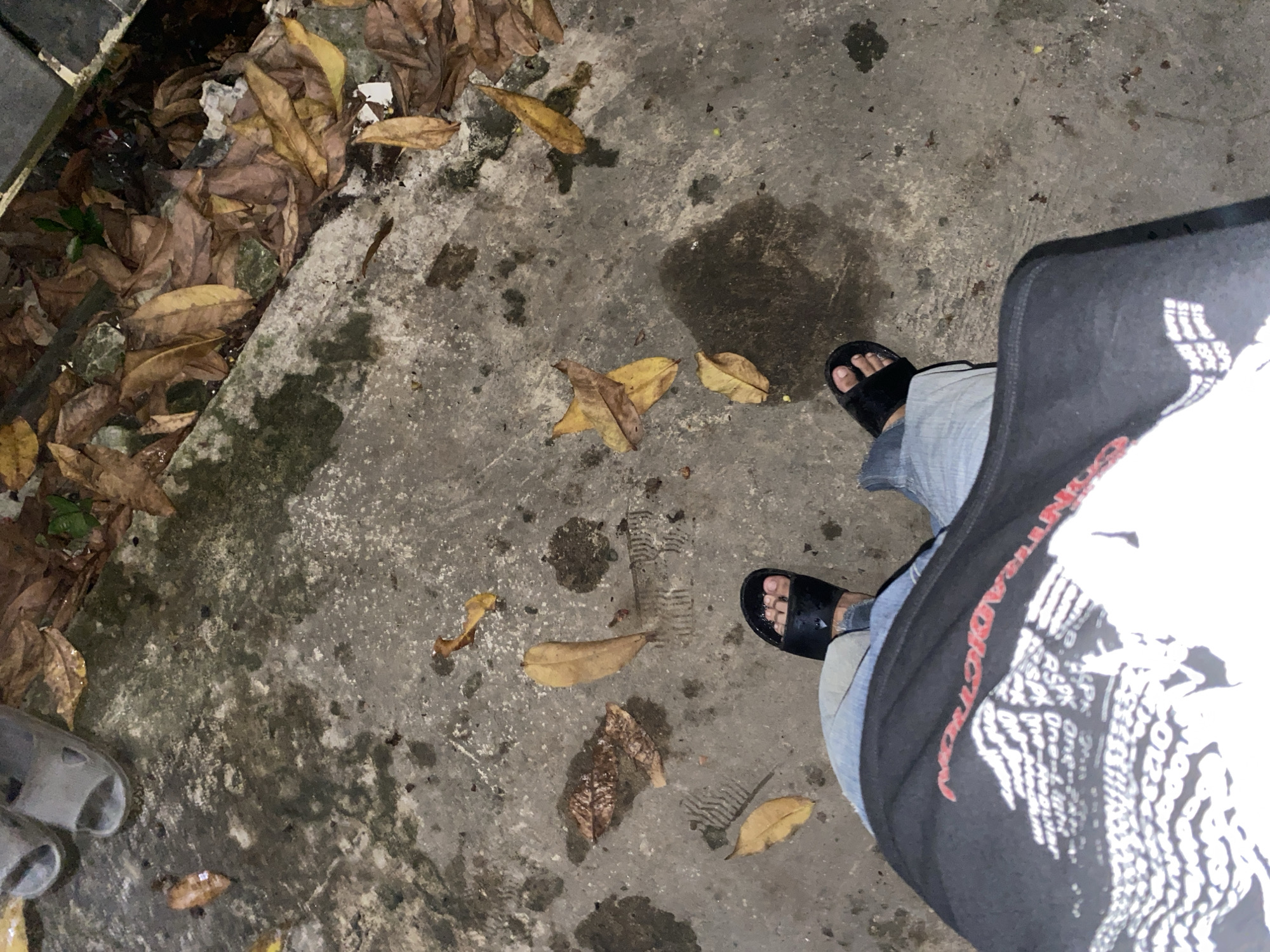 The image shows a first-person perspective of someone standing on a wet, concrete sidewalk in Banjarmasin, Indonesia. Fallen, dry leaves are scattered across the ground, along with some damp patches indicating recent rainfall. The person is wearing blue jeans and black slide sandals. Their black t-shirt, with white graphic text, is partially visible in the foreground. In the background, more dry leaves and debris are visible near a concrete edge, suggesting the location is an outdoor area, possibly near a gutter or drainage channel. The overall lighting suggests it is either evening or nighttime.