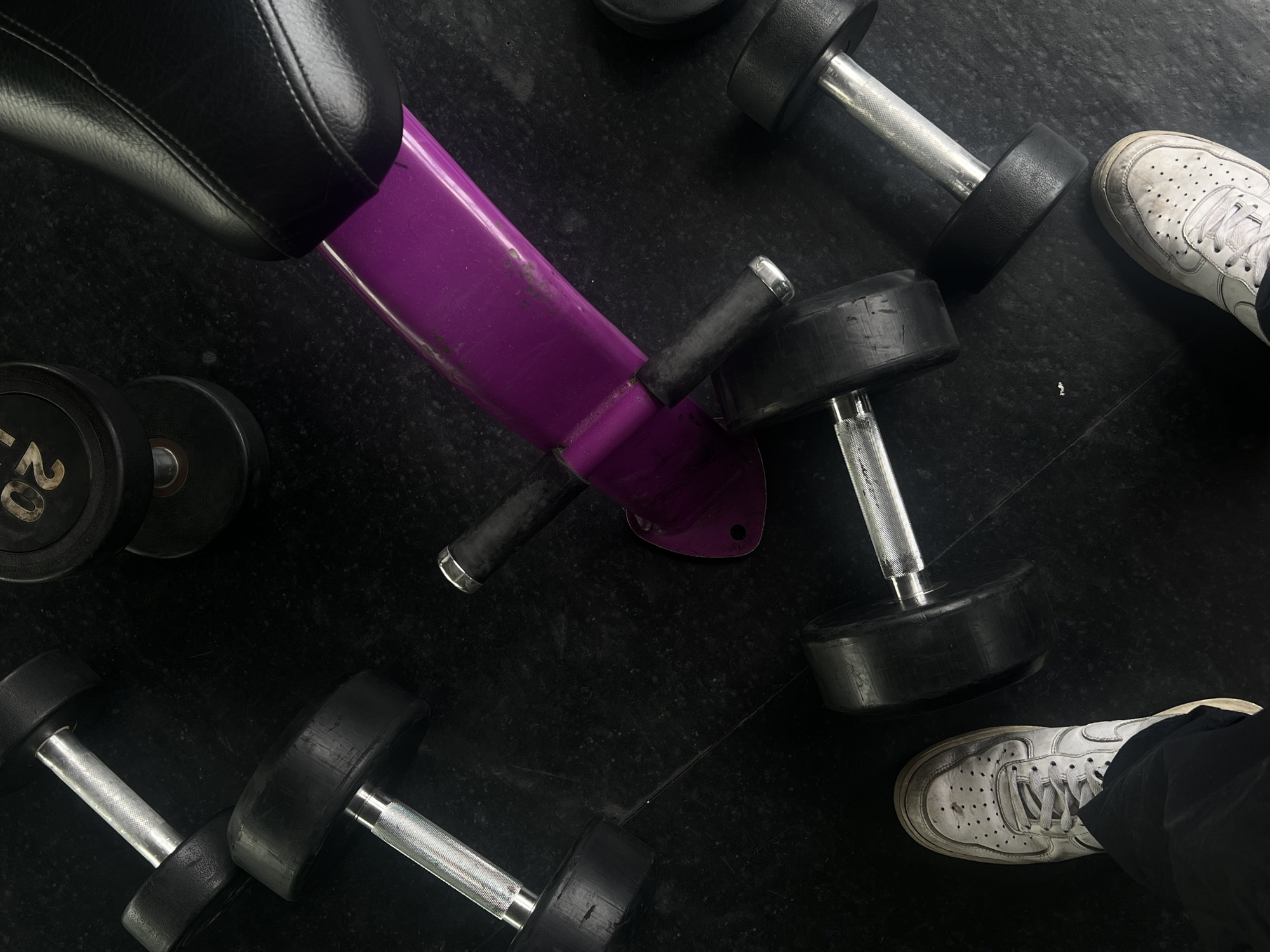The image depicts a gym floor in Mexico City, Mexico, featuring a bench and several dumbbells. The bench has a black padded seat and a purple metal frame. There are five black dumbbells with silver handles scattered around the bench. A pair of white sneakers and black pants are visible in the lower right corner of the image, indicating the presence of a person. The floor is black with a textured surface.