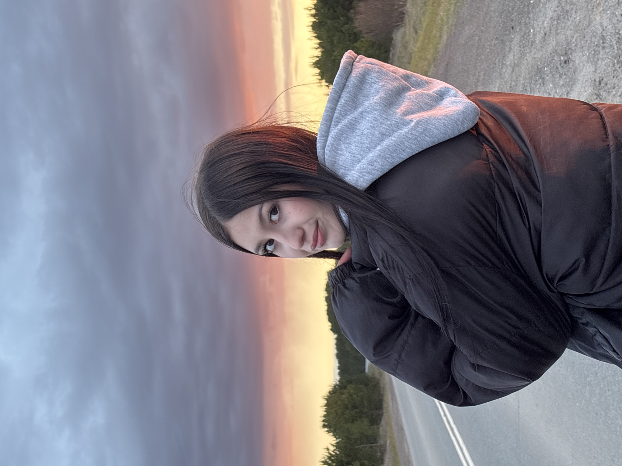 A young woman with long, dark hair and a gentle smile is the central subject of this outdoor portrait. She wears a black puffer jacket over a grey hooded sweatshirt, looking directly towards the viewer with a relaxed expression. The setting is characterized by a dramatic sunset or sunrise sky, which dominates the upper portion of the frame. The sky transitions from muted grey and purplish clouds at the top to striking hues of orange, pink, and yellow near the horizon, indicative of golden hour lighting. A distant, dark tree line stretches across the mid-ground, separating the vibrant sky from the lower part of the scene. Below the trees, a paved road with distinct white dividing lines is visible, suggesting a rural or semi-rural environment. The warm glow of the sun casts soft light on the woman and the landscape. The overall atmosphere is serene. No text is visible in the image. The location is Фоки, Russia.