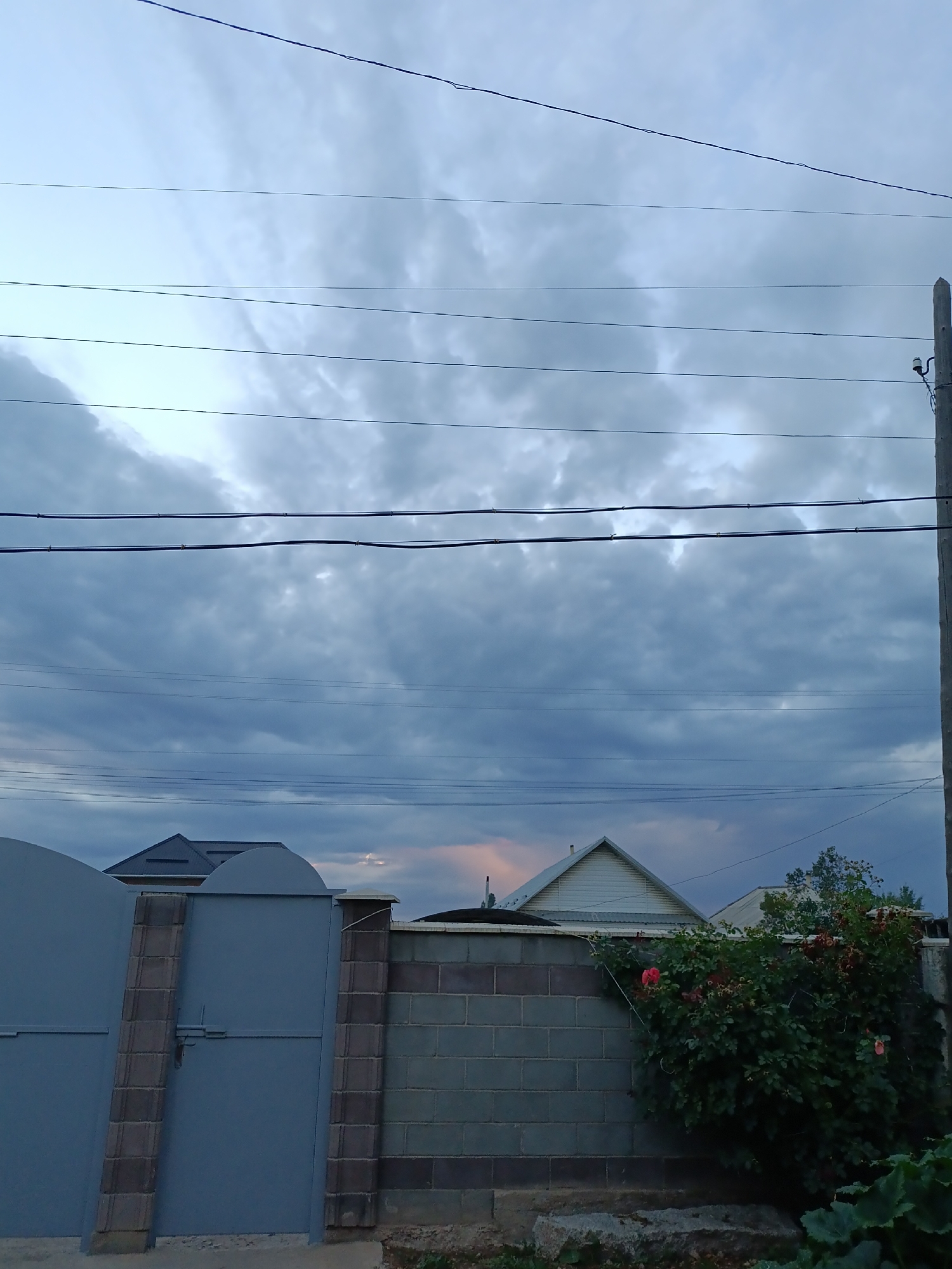 This image captures a cloudy sky above a residential area in Kyzyl-Suu, Kyrgyzstan. The foreground features a grey metal gate with decorative brick pillars and a brick wall. To the right of the wall, a bush with red roses is visible, partially obscuring a part of the wall. In the background, the roofs of houses are discernible, along with utility poles and overhead wires that crisscross the sky. The overall atmosphere is somber due to the overcast conditions.
