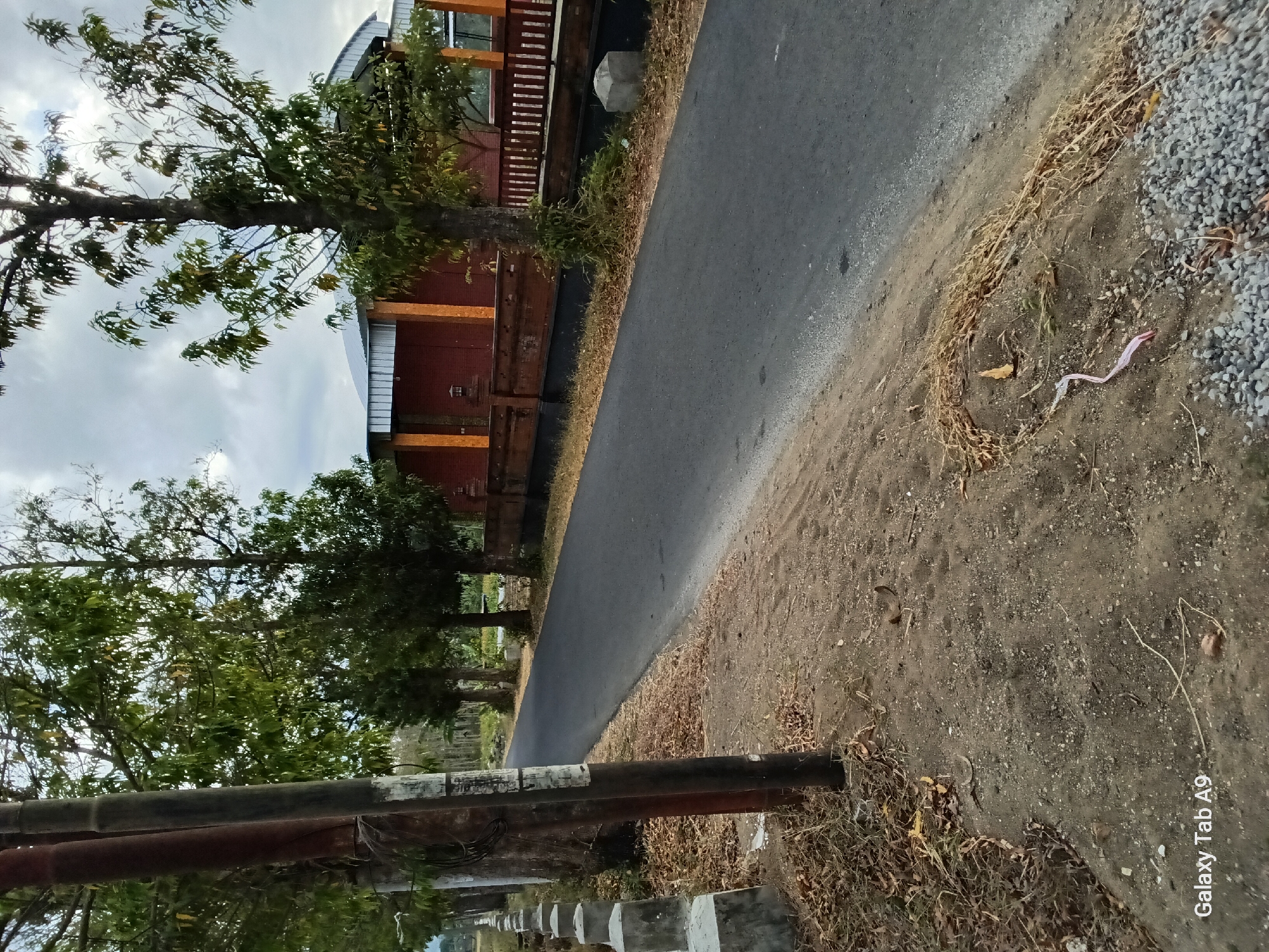 The image depicts a road in Bendorejo, Indonesia, lined with trees and a building with a brick facade and a silver, curved roof. In the foreground, a dirt and gravel shoulder runs alongside the road, with dry grass and leaves scattered about. A series of concrete posts, possibly bollards or markers, are visible along the edge of the shoulder. A dark utility pole stands near the foreground. The road itself is paved and appears to be empty of vehicles. The sky is cloudy, suggesting overcast weather. A piece of pink plastic or ribbon is visible on the ground near the road. The overall impression is a quiet, rural or suburban street scene.