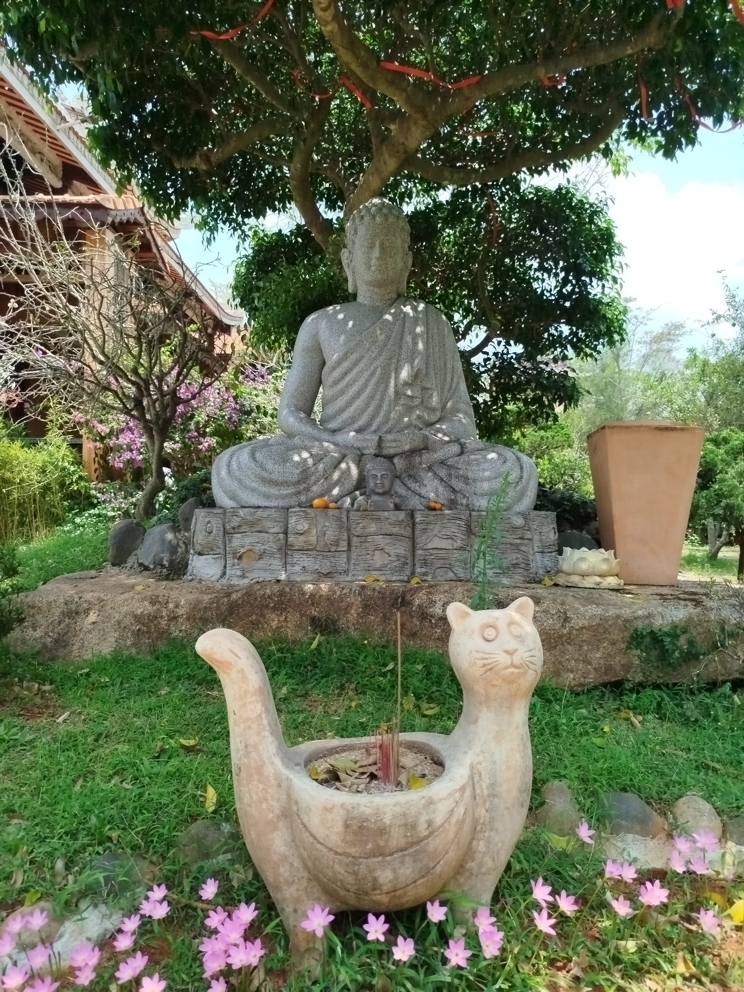 A serene outdoor scene depicts a large, gray stone Buddha statue seated in a meditative posture (Padmasana) under the extensive canopy of a leafy green tree. The Buddha's face is calm, and dappled sunlight filters through the leaves, casting shadows on its form. At the base of the statue, a smaller Buddha head bust is placed, along with two small orange offerings.
In the immediate foreground, a distinctive, light-colored stone or ceramic planter, shaped like a cat with an elongated neck and a somewhat surprised or wide-eyed expression, stands on the vibrant green grass. Several incense sticks are placed within this cat-shaped holder. Scattered around the base of this planter and across the grass are numerous delicate pink flowers, likely rain lilies.
To the left of the main statue, part of a traditional wooden building with an ornate, multi-tiered roof is visible, partially obscured by bare branches and lush foliage. The large tree overhead, under which the Buddha sits, has several red ribbons tied around its branches. On the right side of the image, a tall, rectangular terracotta-colored planter and a small, white, lotus-shaped stone offering are present on the ground beside the Buddha's base. The background features more greenery, suggesting a lush garden environment. The scene is bathed in natural daylight, conveying a peaceful and spiritual atmosphere, likely within the grounds of a temple or pagoda in Thôn 5, Vietnam. There is no visible text in the image.