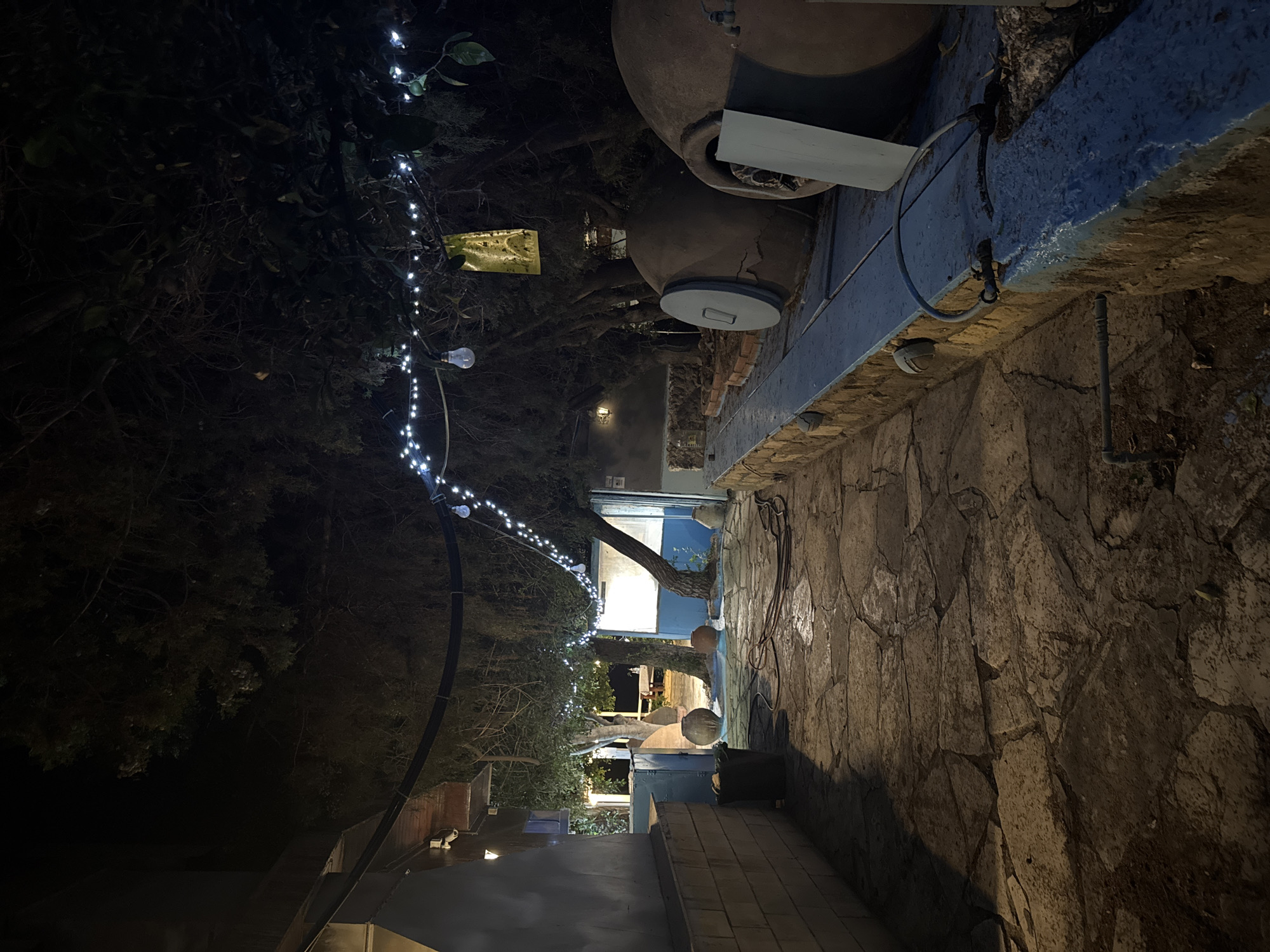 The image depicts an outdoor patio area at night, possibly a restaurant or traditional establishment, in the Germasogeia Municipality, Cyprus. The patio floor is paved with irregular, large flagstones, illuminated by a combination of artificial lights. To the left, a textured, light-colored wall extends into the frame, adjacent to a dark trash bin. String lights, small white bulbs, are draped across trees and wires overhead, adding to the ambiance.
Dominating the right side of the image are two large, dome-shaped clay ovens, possibly for baking or cooking. These ovens sit on a stone ledge painted blue. In front of the ovens, a metal pipe extends from a faucet-like fixture on the ledge and bends over the edge.
The background reveals trees with dark foliage, some of which are adorned with the string lights. A partially open doorway with bright interior lighting is visible between the trees. Further in the distance, through the trees and doorway, glimpses of an outdoor seating area with tables and chairs can be seen, suggesting a dining setting. The overall impression is of a rustic, atmospheric outdoor space at night. There are no people visible in the image.