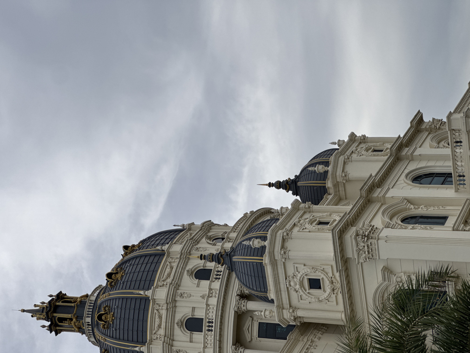 The image shows the exterior of a grand building with multiple domes and intricate architectural details, set against a cloudy sky. The building's facade is a light cream color, adorned with ornate carvings, columns, and arched windows. Several dark domes, tipped with golden spires, punctuate the upper levels of the structure. A portion of a palm frond is visible in the lower left corner, suggesting a tropical or subtropical environment. The sky is overcast with varying shades of gray clouds, creating a diffused light. This building is identified as the administrative center of Hoa Lư Ward in Ninh Bình City, Vietnam.