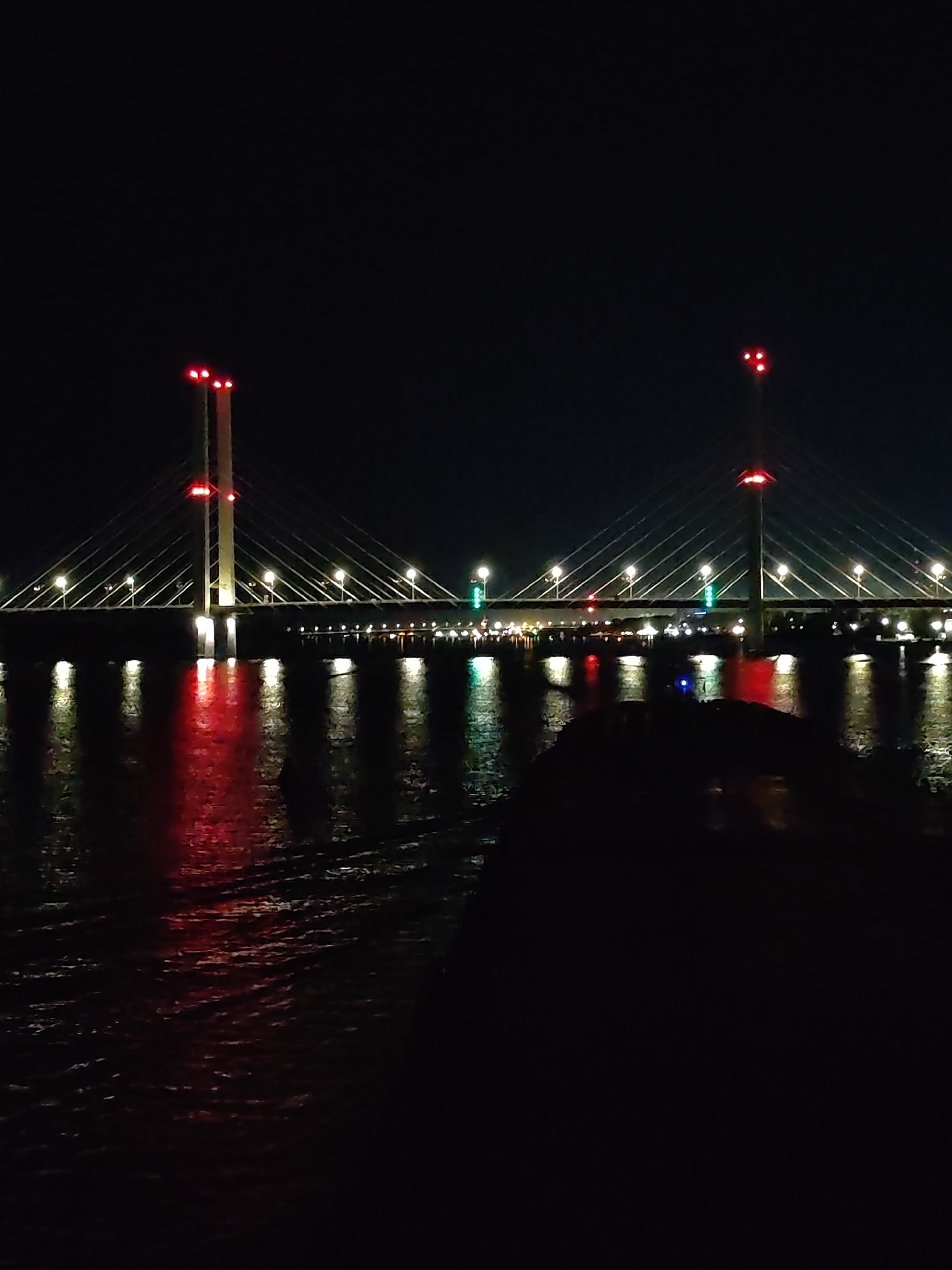 A night shot reveals a cable-stayed bridge spanning a body of water. The bridge is illuminated with white lights running along its length, and each pylon is topped with red lights. Reflections of the bridge lights are visible in the water, with distinct red and white streaks. The bridge's towers are tall and prominent against the dark sky. In the foreground, an indistinct dark shape is visible, likely part of the platform or vessel from which the photograph was taken. The scene is set at night, and the overall visibility is low due to the darkness. The location is presumed to be in the city of Unknown, Unknown.