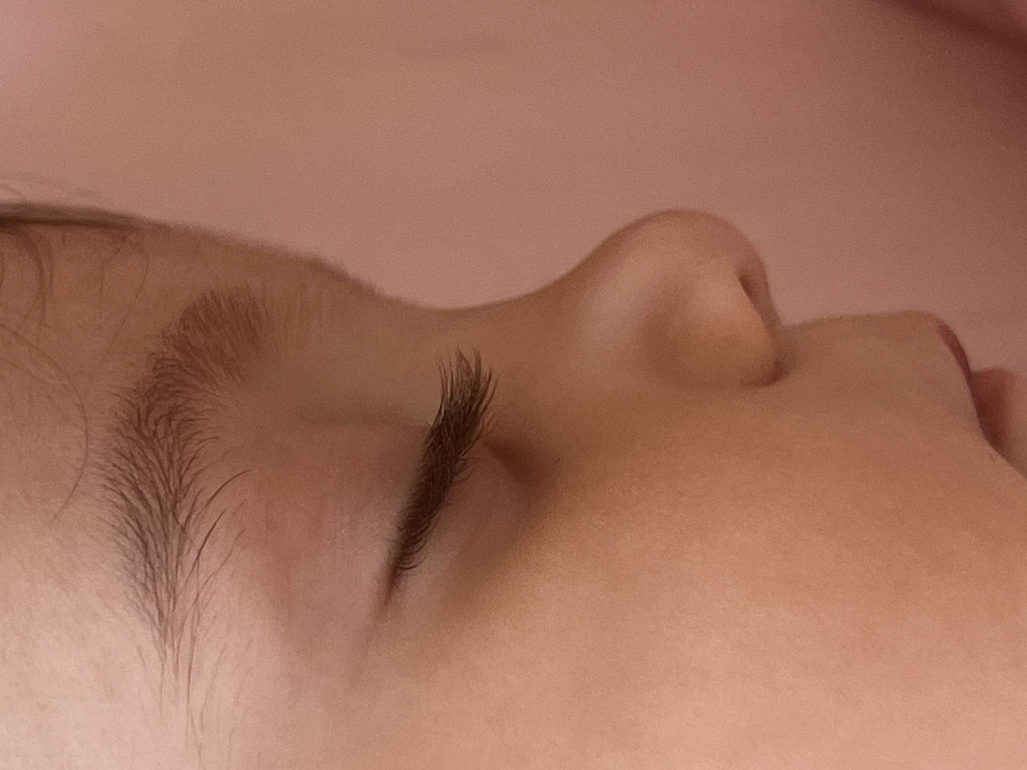The image shows a close-up of a person's face in profile, focusing on the eye, eyebrow, nose, and cheek. The person's eye is closed, with dark eyelashes visible. The eyebrow is thick and dark. The nose is small and rounded. The skin tone is fair. The background is a blurry, solid color, possibly a wall or fabric. There is no information in the image to identify the location as Elena, Bulgaria.
