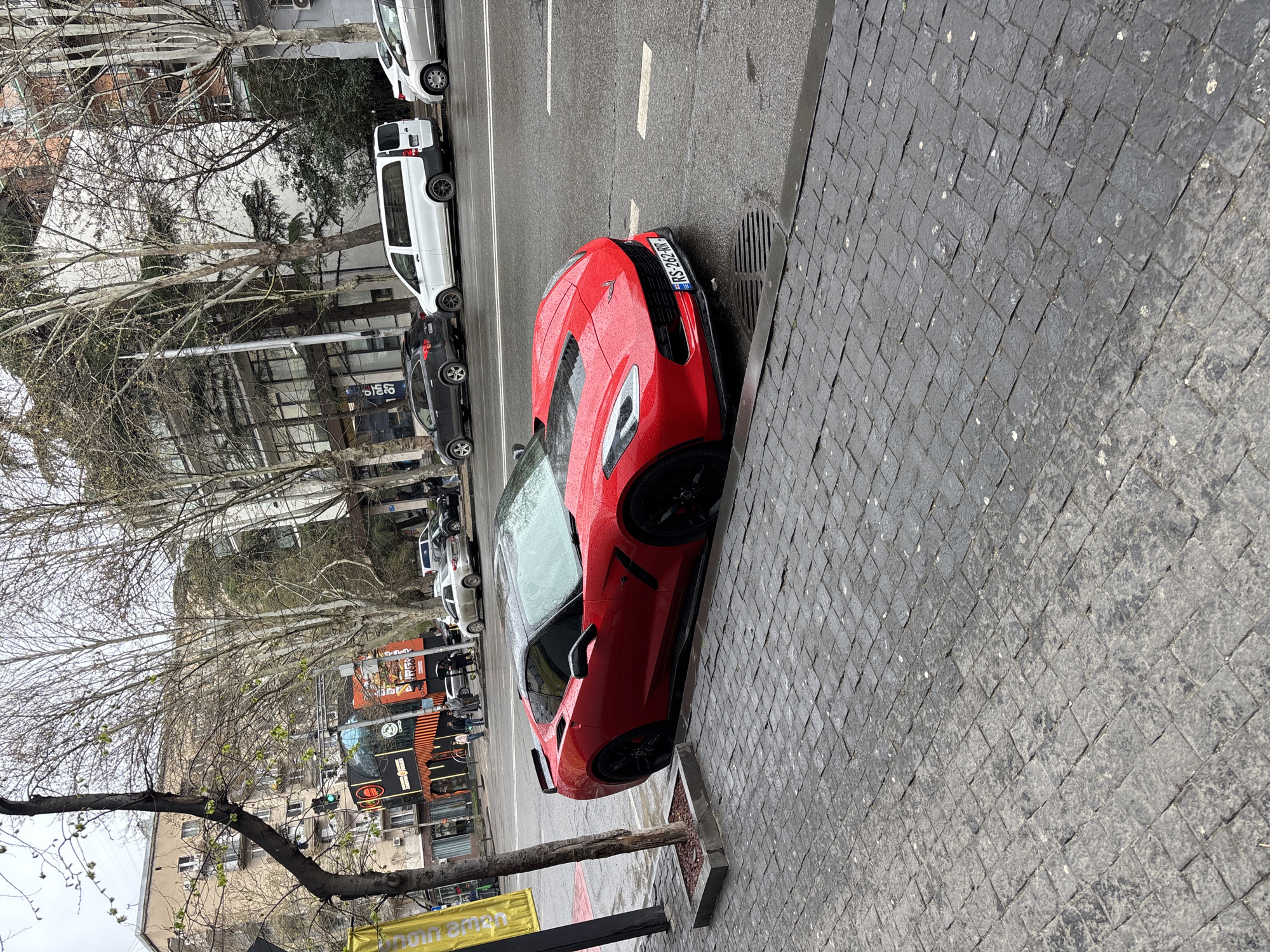 A red Corvette sports car is parked illegally on a sidewalk in Tbilisi, Georgia, next to a brick-paved pedestrian area and a city street. The front of the car is partially blocking a storm drain. Other vehicles are parked legally along the street. Buildings and trees are visible in the background. The weather appears to be overcast or rainy. The license plate of the car is visible, reading "KS-262-RD".