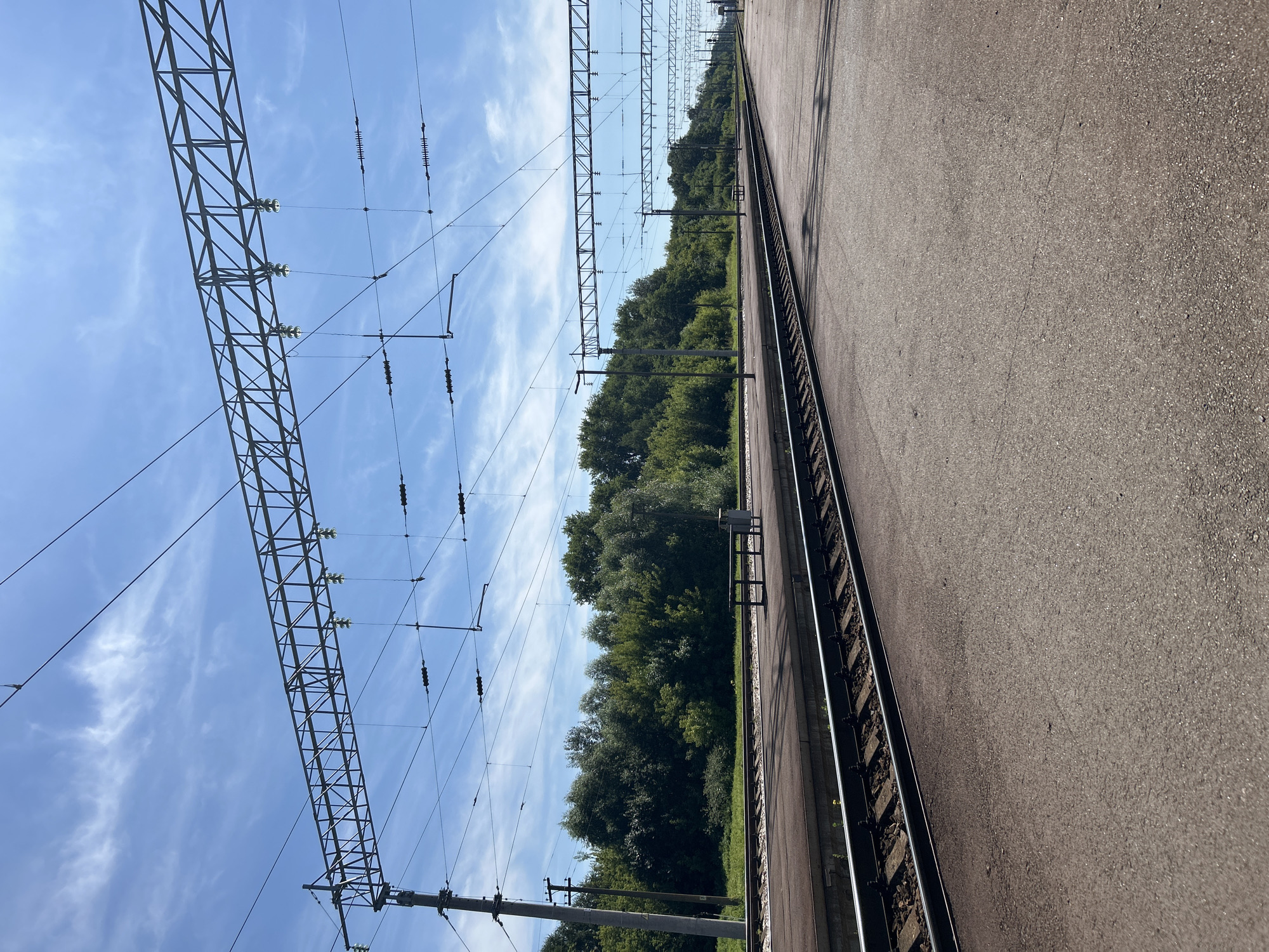 The image depicts a railway station platform in Homyel, Belarus. The platform is made of asphalt and runs parallel to a set of train tracks. Overhead, a complex network of electrical wires and support structures for the overhead line equipment is visible against a bright blue sky with wispy clouds. On the left side of the platform, a row of trees forms a dense green backdrop. A single bench and a trash bin are placed on the platform. The perspective is from ground level, looking down the length of the tracks, emphasizing the empty and quiet atmosphere of the station.