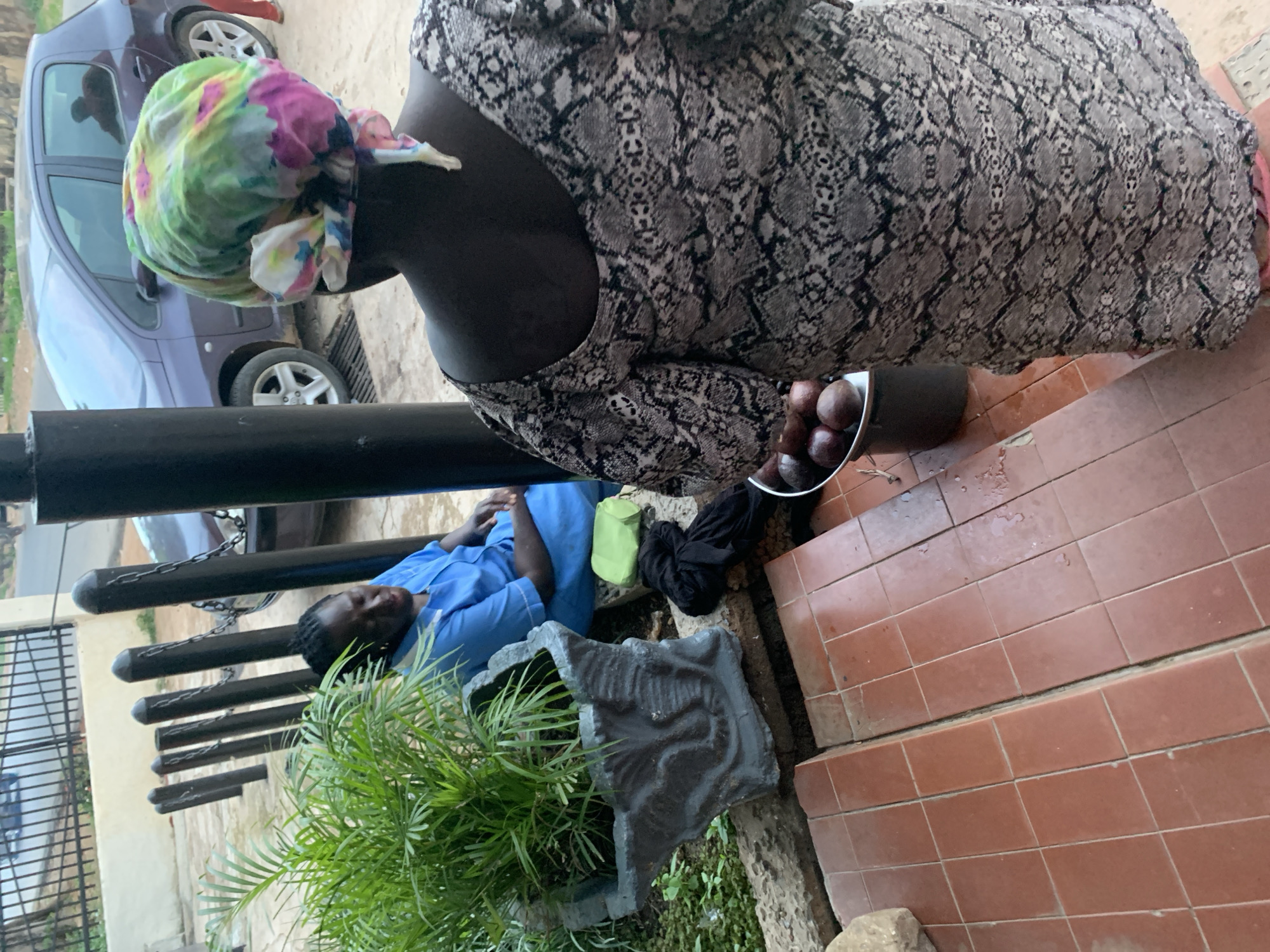 In the city of Jos, Nigeria, two women are seen near a residential building. One woman, wearing a bright blue uniform, sits on the ground with her head resting against a black metal post. She appears to be looking down. Next to her is a green bag and a black piece of clothing. To her right, another woman is seen from behind, wearing a colorful headscarf and a black and white snakeskin-patterned dress. She is holding a bucket filled with red, round fruits, possibly pomegranates or passion fruits. The scene takes place on a tiled outdoor staircase with a potted plant to the left and a purple car parked in the background. The environment appears to be a residential area.