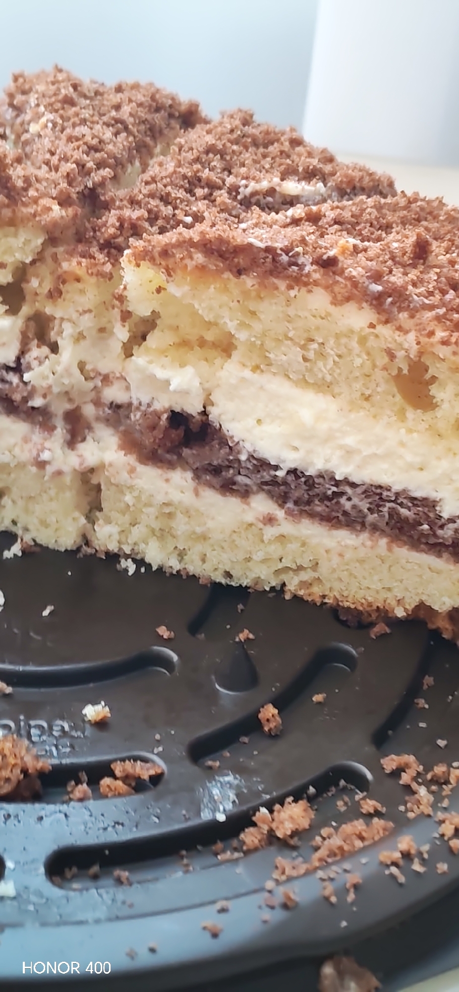 A close-up shot reveals a slice of layered cake on a dark grey cake plate. The cake has a yellow sponge base and top, separated by a layer of white cream filling and a thin layer of chocolate filling in the middle. The top is covered with a coarse brown crumble topping. Crumbs from the cake are scattered around the plate. The lower left corner of the image contains a partially visible inscription, "HONOR 400". The background appears to be a plain light surface. The image does not show any location in Izhevsk, Russia, or any people or actions.