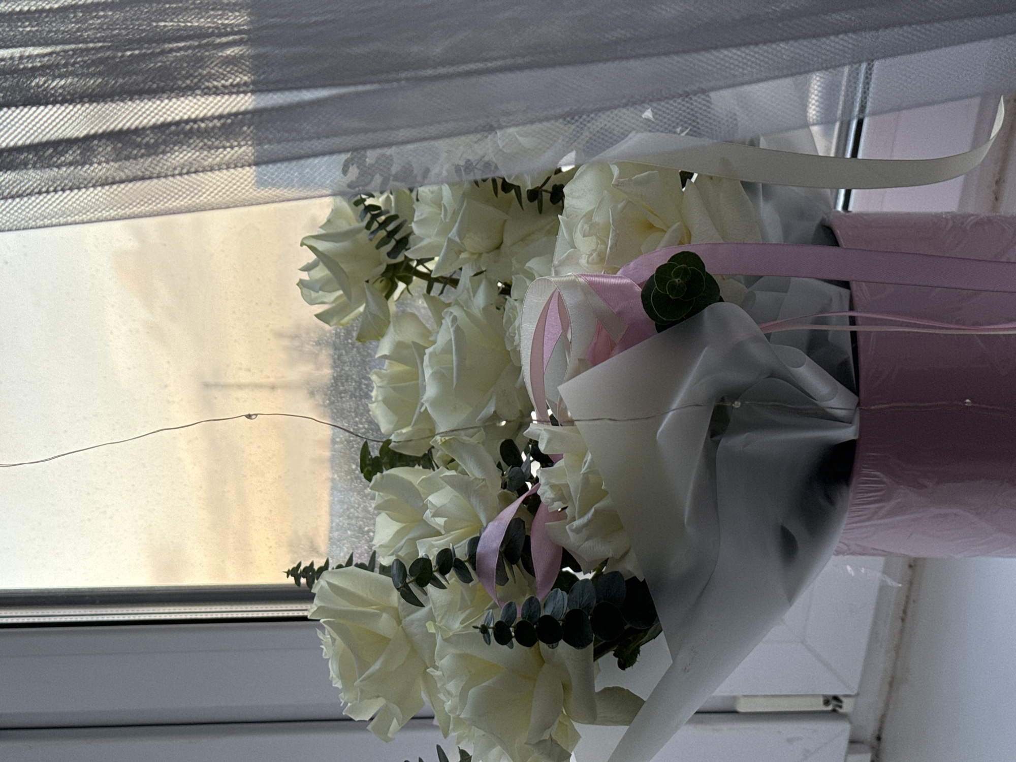 A bouquet of white roses is prominently displayed, positioned near a window. The bouquet features numerous tightly-budded white roses interspersed with dark green foliage, possibly eucalyptus. It is wrapped in soft white paper or plastic, tied with delicate pink ribbons, and adorned with a small, flat green decorative element resembling a succulent. The entire arrangement stands in a cylindrical, light pink container, which appears to be wrapped in clear plastic.
The setting is a window area with a white sill and frame. Above the bouquet, a sheer, textured curtain or blind with a grid pattern casts distinct shadows onto the windowpane, creating a dappled effect. Through the window, the outdoor view is hazy, with a soft, warm light suggesting either early morning or late afternoon, possibly with a cloudy sky. Small water droplets are visible on the exterior of the window glass, indicating recent rain or condensation. A thin, light-colored wire, possibly from fairy lights, stretches horizontally across the window pane, with one water droplet visibly suspended from it. The overall impression is soft and serene, highlighting the beauty of the flowers against a gentle, diffused light. No people or visible text are present in the image.