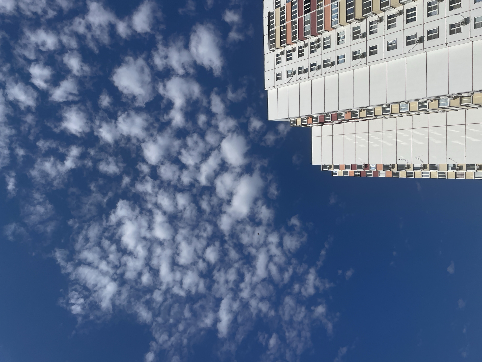 A low-angle, vertical shot captures the top of two tall, modern apartment buildings against a bright blue sky dotted with scattered, fluffy white clouds. The buildings are predominantly white with sections of colorful panels in shades of red, orange, and yellow, featuring numerous windows and air conditioning units. The sky occupies the majority of the frame, with a small, dark object, possibly a bird or aircraft, visible in the upper left quadrant. The image appears to be taken on a sunny day. The buildings are located in the city of Rostov-on-Don, Russia.