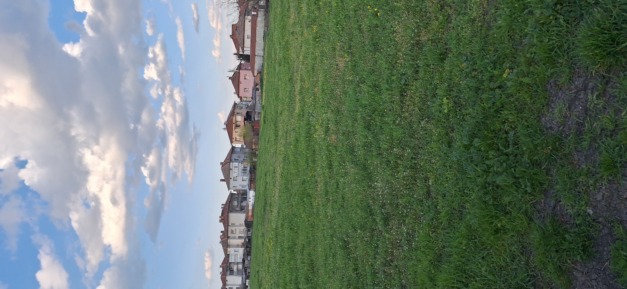 The image shows a view in Stara Zagora, Bulgaria. A row of houses is visible on the left side of the image. To the right of the houses is a large green field. The sky above is blue with scattered white clouds. The grass is a vibrant green, suggesting a healthy and well-maintained field. The houses appear to be residential and of varied architectural styles.