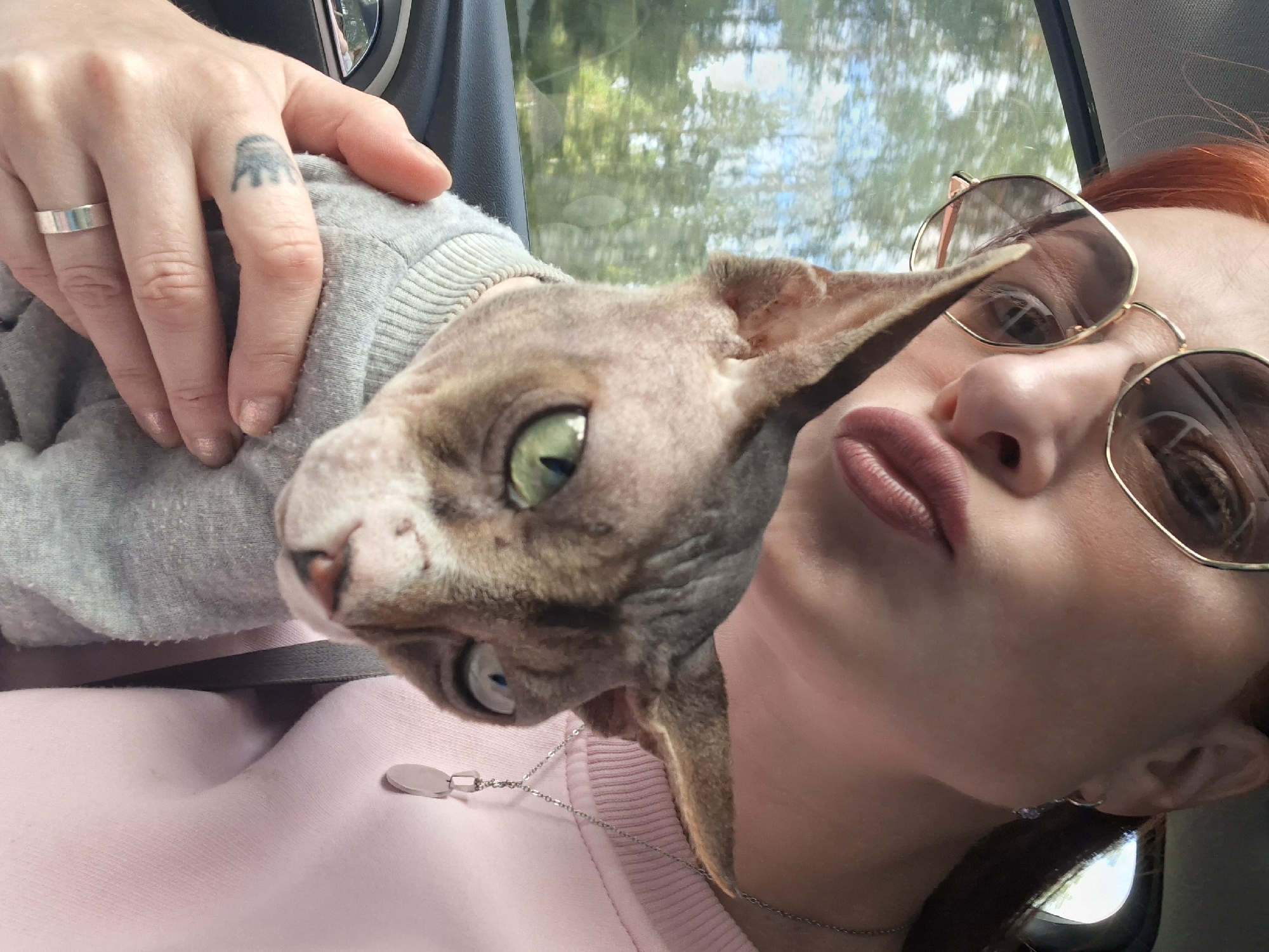 A woman with auburn hair and sunglasses takes a selfie while holding a Sphynx cat in her arms. They are in a car, with trees and a blue sky visible through the window. The woman is wearing a pink sweatshirt and a silver necklace. The cat is wearing a grey sweater and has bright green eyes. The woman's left hand, adorned with a silver ring and a small tattoo of a crown on her finger, is visible holding the cat. The image appears to be taken during daylight hours.