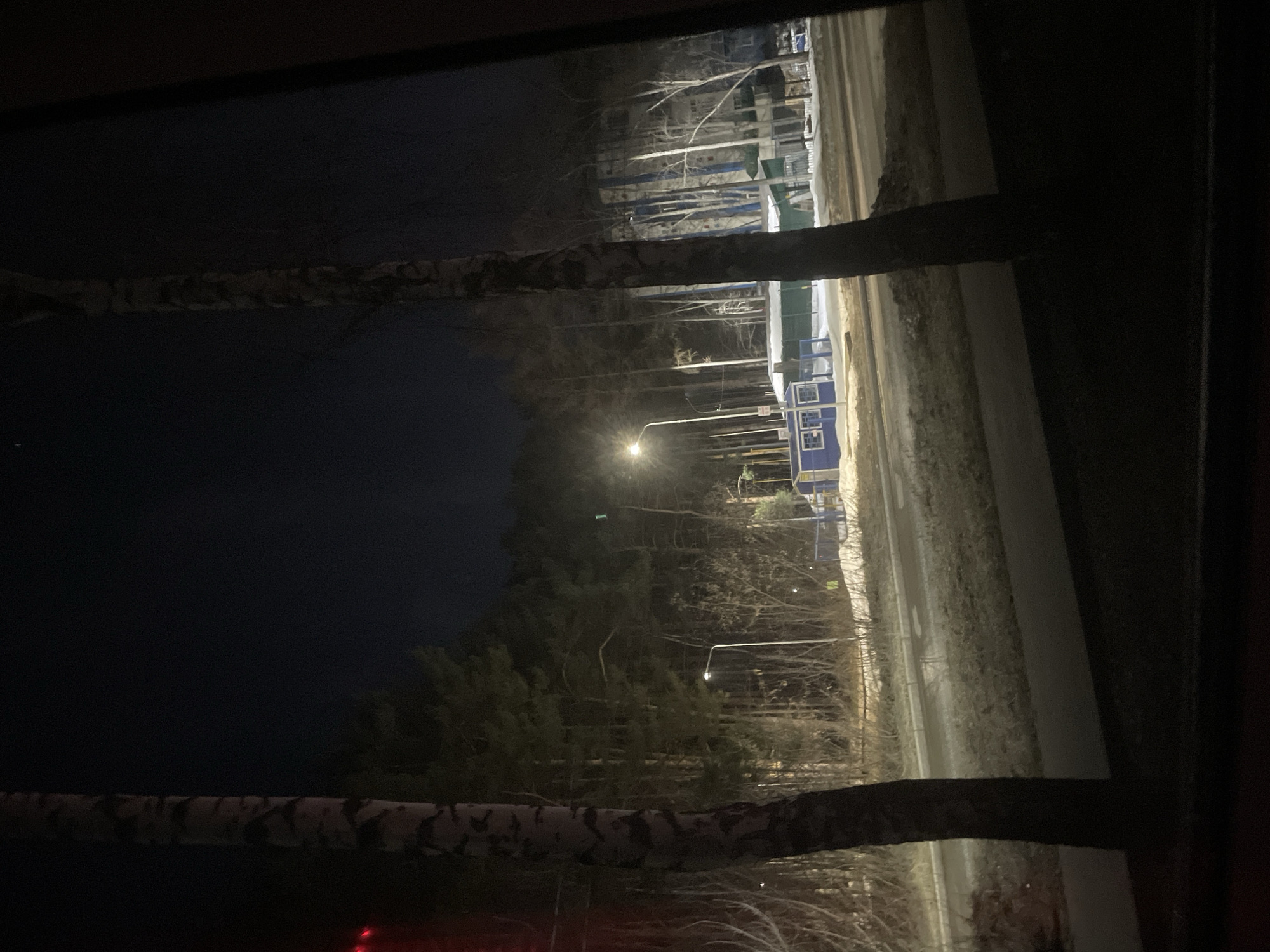 The image, taken from inside a building, presents a night scene in Chaikovsky, Russia. Through a window partially framed by the blurred outlines of two birch tree trunks, one can observe a streetscape. Streetlights illuminate a road running parallel to a forest, with trees stretching into the night sky. In the distance, structures with green and blue elements are visible along the roadside. The sky is dark, hinting at the late hour, with the illumination from the streetlights providing the primary source of light.