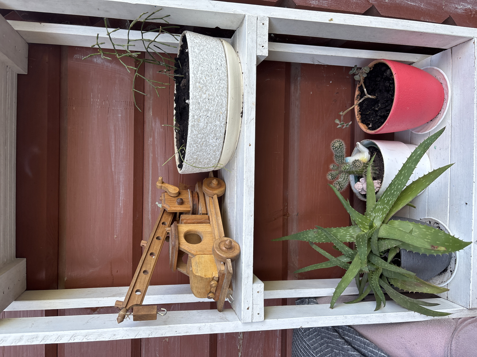 An outdoor wooden shelf unit against a dark red wooden wall. The shelf unit has three levels. The top shelf holds a wooden toy truck with a crane attachment and a large white speckled pot containing a green leafy plant. The middle shelf holds an aloe vera plant in a dark gray pot and a small white pot with a cactus and a small bird figurine. To the right of the cactus is a small red pot with a sparse green plant. The background is a rustic, weathered red wooden wall. The scene is illuminated by natural daylight.